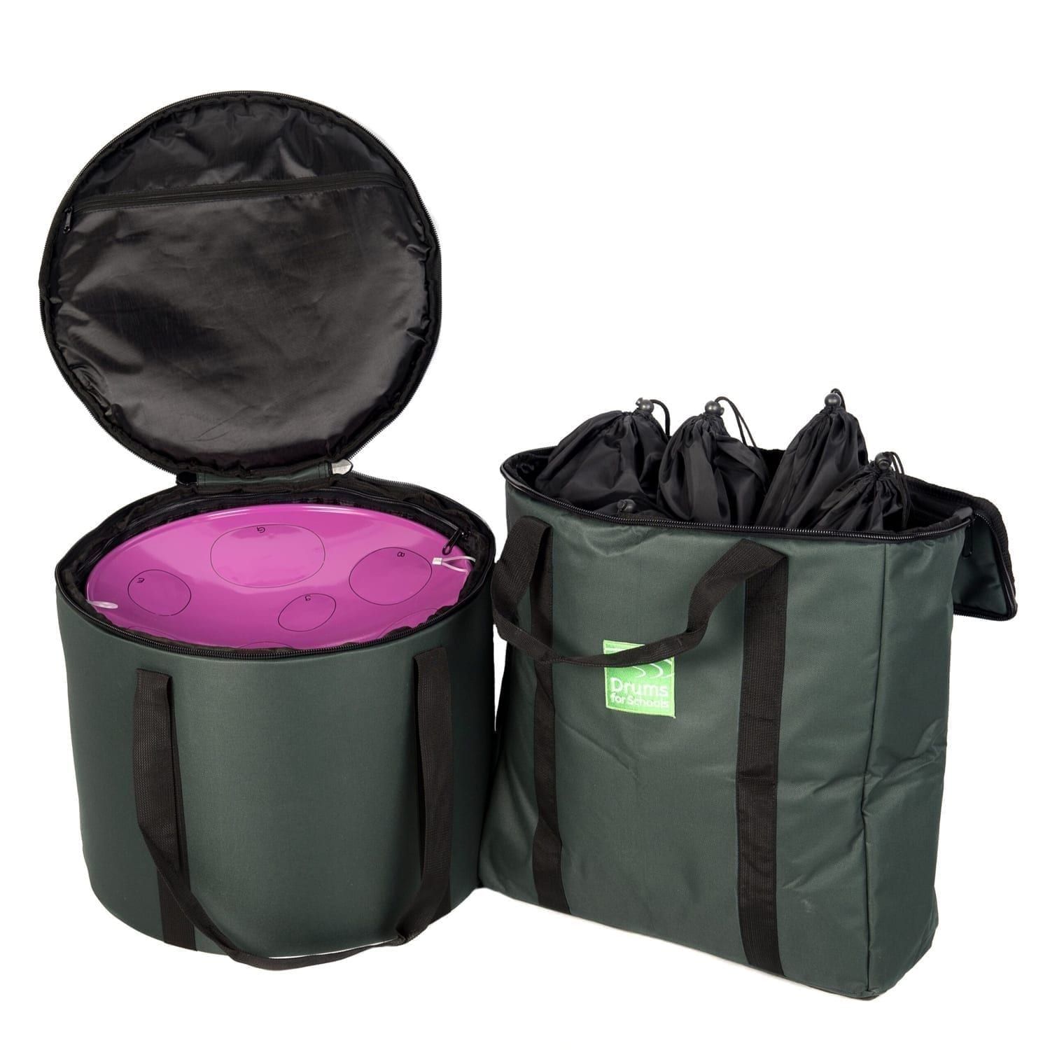 Storage Carry Bag for 5 x Jumbie Jam Steel Pans, with sample contents inside.