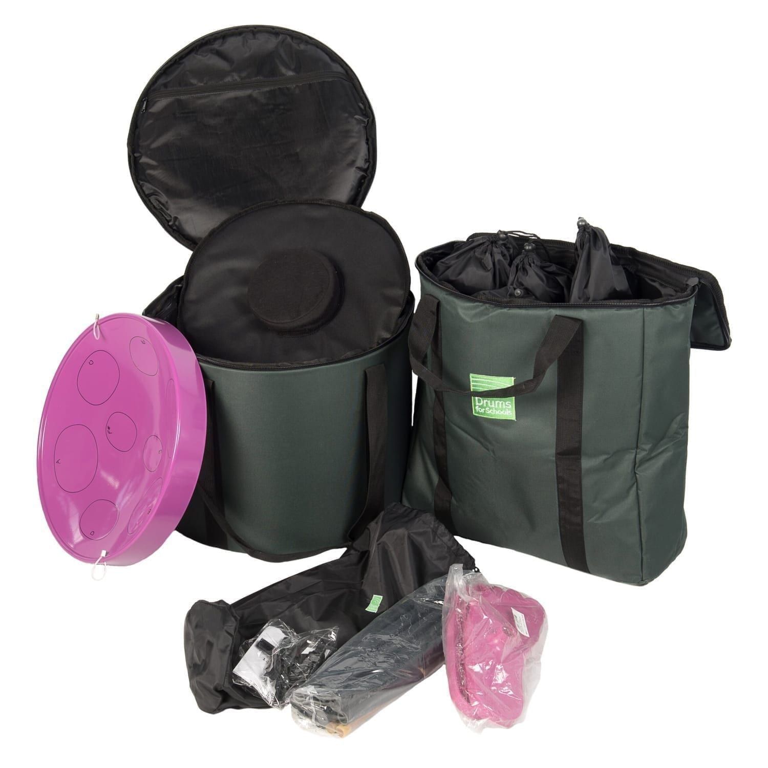 Storage Carry Bag for 5 x Jumbie Jam Steel Pans, with sample contents outside.