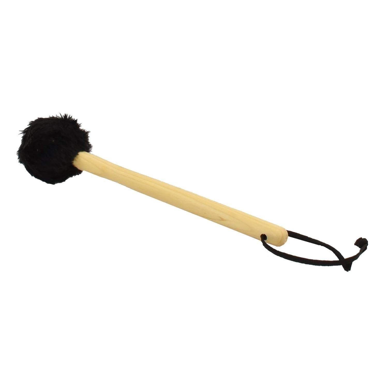 Surdo Beater - wood, Izzo. It has a wooden handle and a fluffy head. It is laid flat and angled up and to the left.