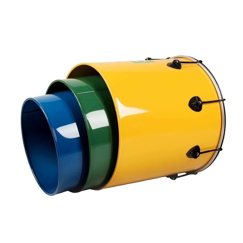 This is a product image of the Surdo - Nesting - Primary 3 Pack, Izzo. It contains the Nesting Surdo - 16in diameter, aluminium, Izzo (Yellow), the Nesting Surdo - 14in diameter, aluminium, Izzo (Green) and the Nesting Surdo - 12in diameter, aluminium, Izzo (Blue) all nestled within one another demonstrating their stackable quality.