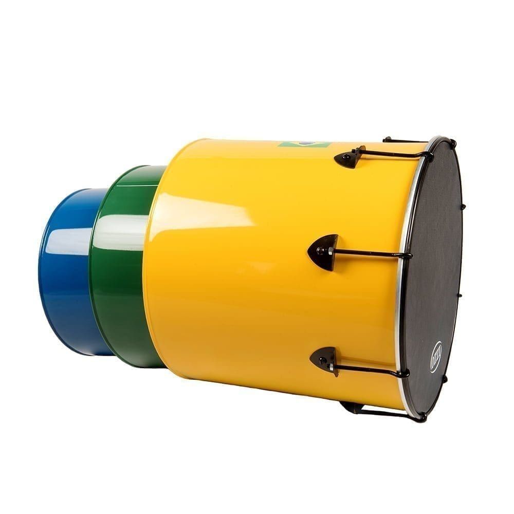 Surdo - Nesting - Primary 3 Pack, Izzo. It contains the Nesting Surdo - 16in diameter, aluminium, Izzo (Yellow), the Nesting Surdo - 14in diameter, aluminium, Izzo (Green) and the Nesting Surdo - 12in diameter, aluminium, Izzo (Blue) all nestled within one another demonstrating their stackable quality.