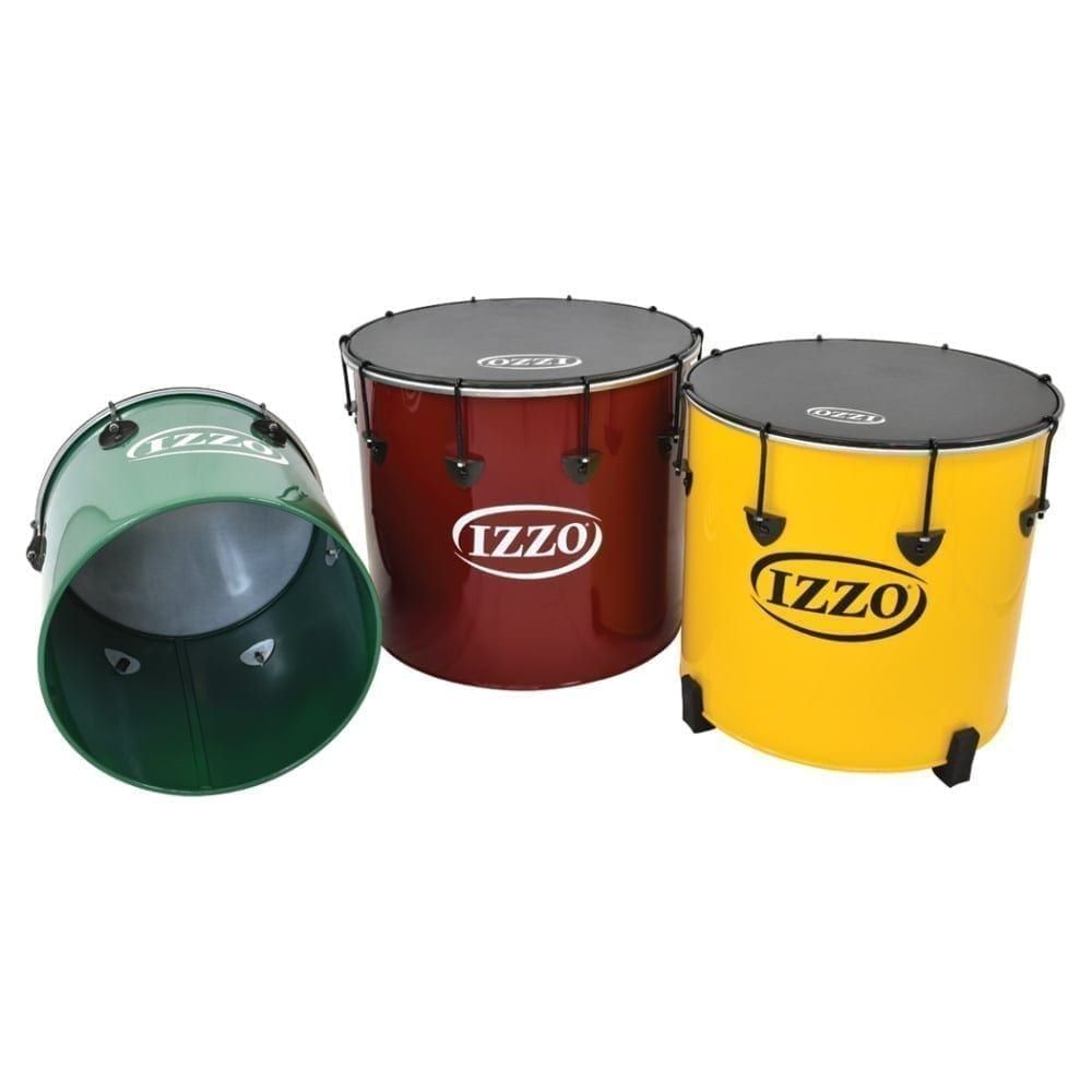 The Surdo Nesting Secondary - 3 Pack, Izzo, contains the Nesting Surdo - 14in diameter, aluminium, Izzo (Green) lying down so that you can see inside the shell, followed by the Nesting Surdo - 18in diameter, aluminium, Izzo (Red) and the Nesting Surdo - 16in diameter, aluminium, Izzo (Yellow), both in upright positions. All three have black trims and black synthetic skins.