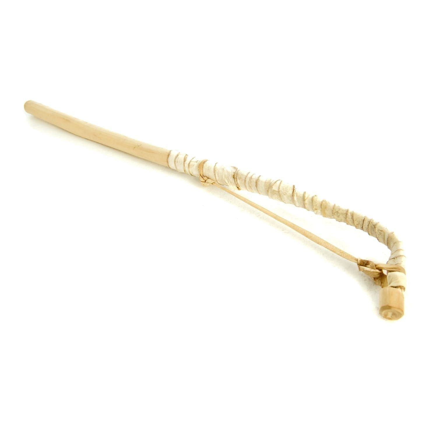 This is a product image of the Talking Drum Beater. It is laid out flat, showing the detail of the tension strapping which keeps the curved shape in place.