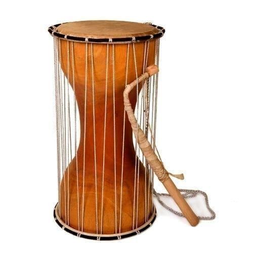 Hourglass talking drum with cord-laced sides and a curved beater, natural wood finish