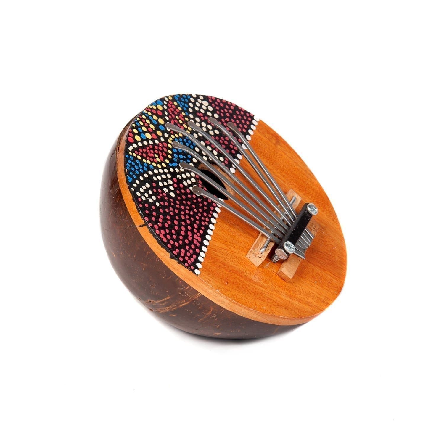 Painted Coconut Thumb Piano Mbira with steel keys mounted on a half coconut shell