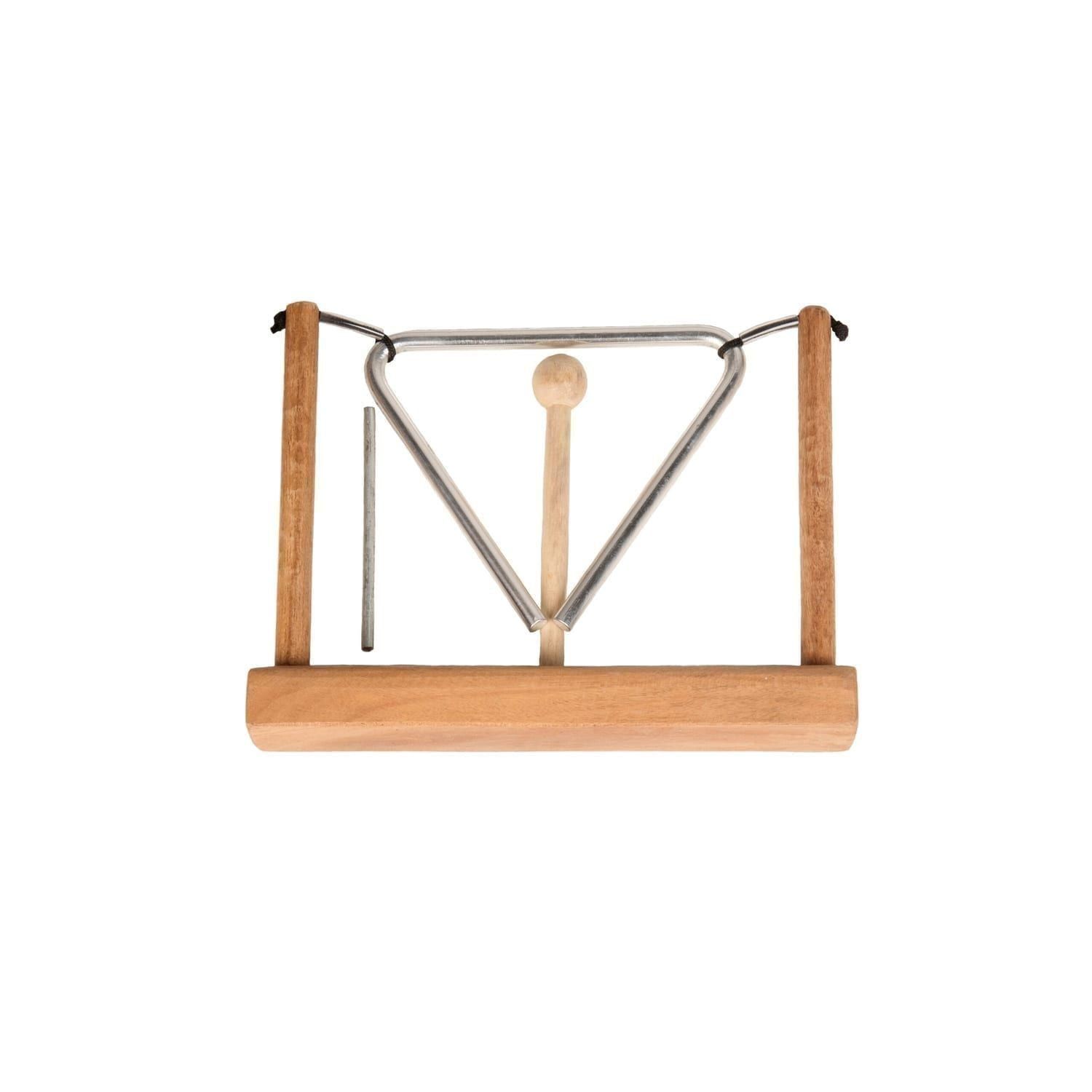 This is a product image of a Triangle on Stand. The wooden stand has two struts which support a tied metal triangle. The beater and metal striker have been placed in front of the instrument. The image showing the instrument in compact laid out.