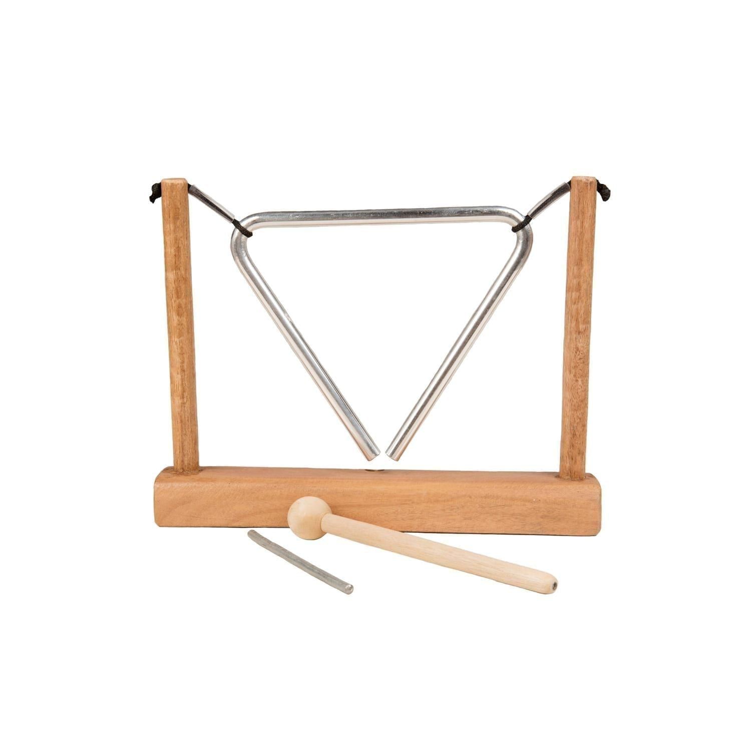 This is a product image of a Triangle on Stand. The wooden stand has two struts which support a tied metal triangle. The beater and metal striker have been placed in front of the instrument. The image has been taken from the front.