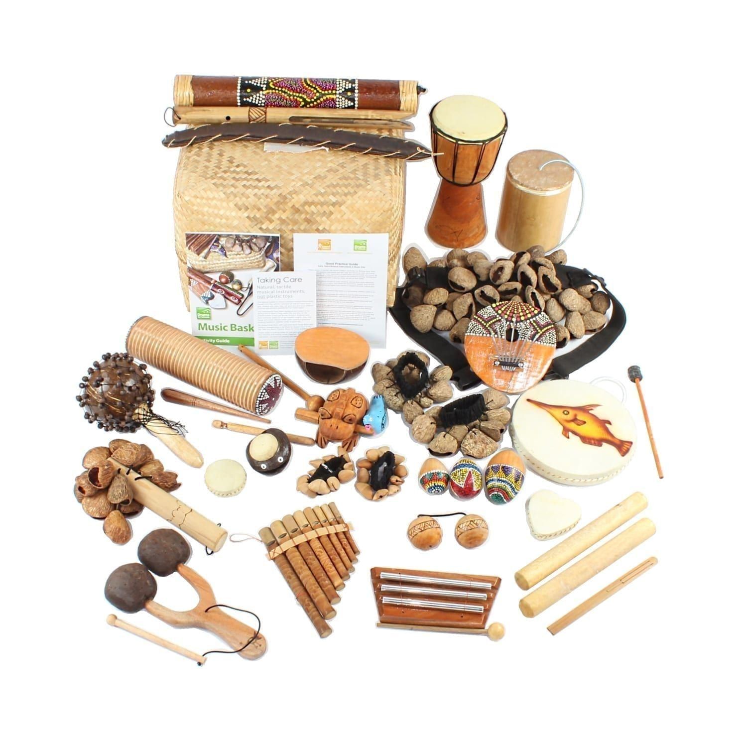 World Music Basket - Large - 30 Instruments, laid out flat outside of the basket.