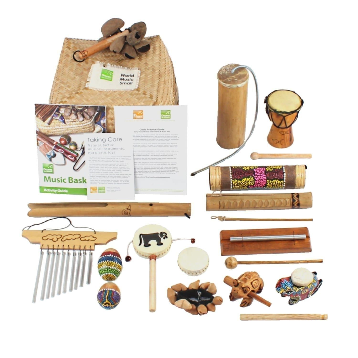 World Music Basket - Small - 15 Instruments, with the contents laid out flat outside of the basket.