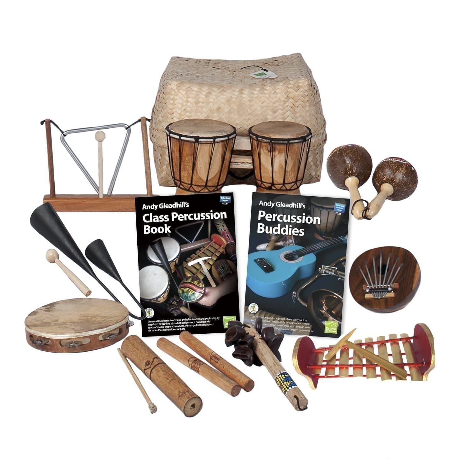 This is a product image of the World Percussion - 10 Player Class Pack. The products are laid out and include the following; Back Row - Storage Basket. Second Row - One Triangle on Stand, one Bongos (African Bongos), one Maraca - Coconut, pair. Third Row - One Agogo Bells - Medium, Andy Gleadhill's Class Percussion Book, Andy Gleadhill's Percussion Buddies Book, one Thumb Piano (Mbira) - natural, coconut. Front Row - One Tambourine, one Guiro - Small - bamboo, one Clapsticks (Claves) - 23cm, one Bento Shaker, one Gamelan (Metallophone) - C major.