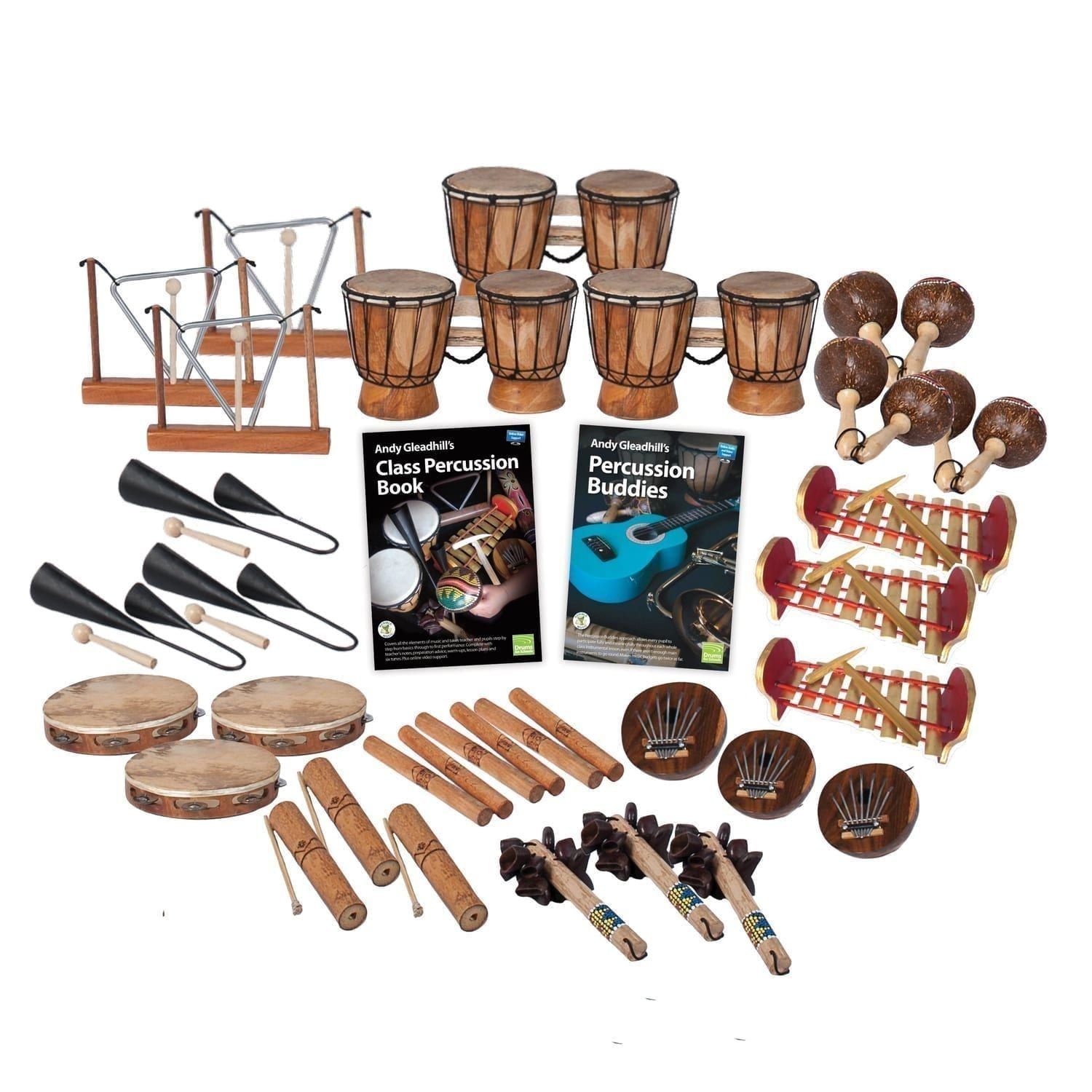 This is a product image of the World Percussion - 30 Player Class Pack. The products are laid out and include the following; Back Row - Three Triangle on Stand, three Bongos (African Bongos) three Maraca - Coconut, pair. Second Row - Three Agogo Bells - Natural, Andy Gleadhill's Class Percussion Book, Andy Gleadhill's Percussion Buddies Book, three Gamelan (Metallophone) - C major. Third Row - Three Tambourine, three Clapsticks (Claves) - 23cm, three Thumb Piano (Mbira) - natural, coconut. Bottom Row - Three Guiro - Small - bamboo, three Bento Shaker.