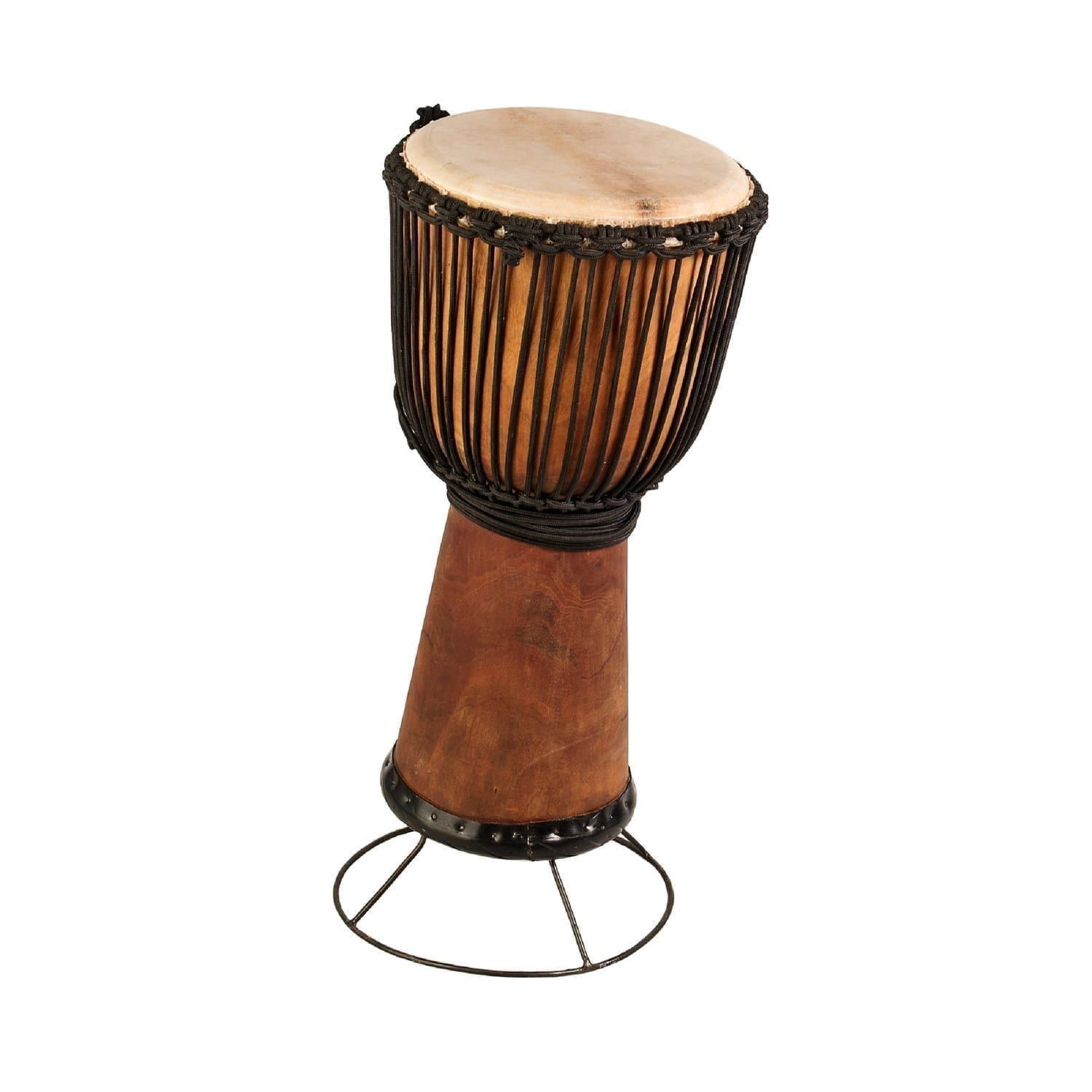 Traditional djembe drum with a goatskin head, placed on a black metal stand - Natural Wide Top 12 inch diameter, 60cm high.