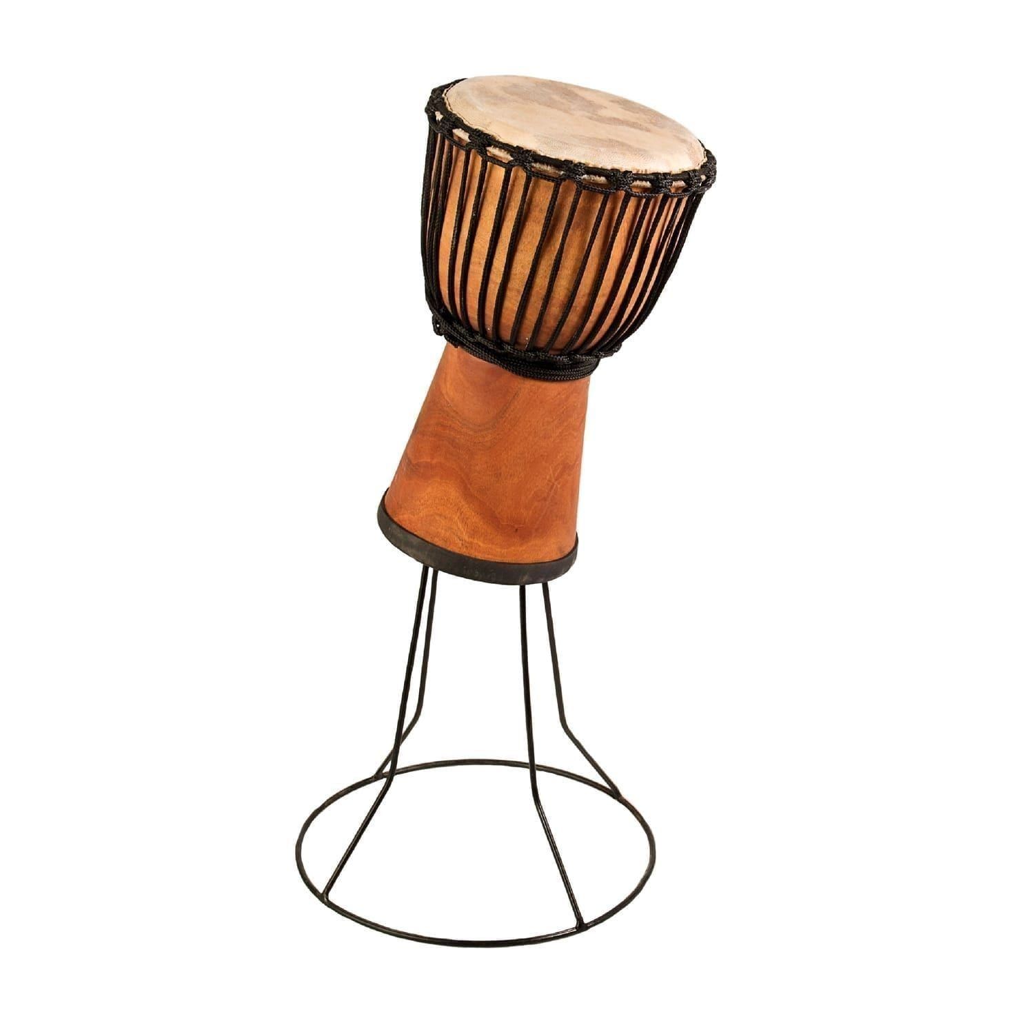 Traditional djembe drum with a goatskin head, placed on a black metal stand - Natural Wide Top 9 inch diameter, 40cm high
