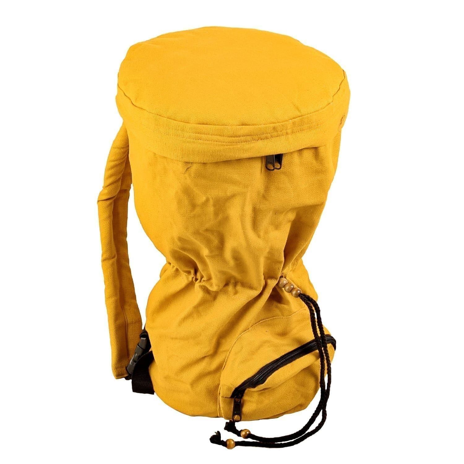 Yellow canvas Djembe drum bag designed for a standard drum with a 9-inch diameter and 40cm height, featuring a zippered top, adjustable straps, and drawstring closure for secure storage and portability.