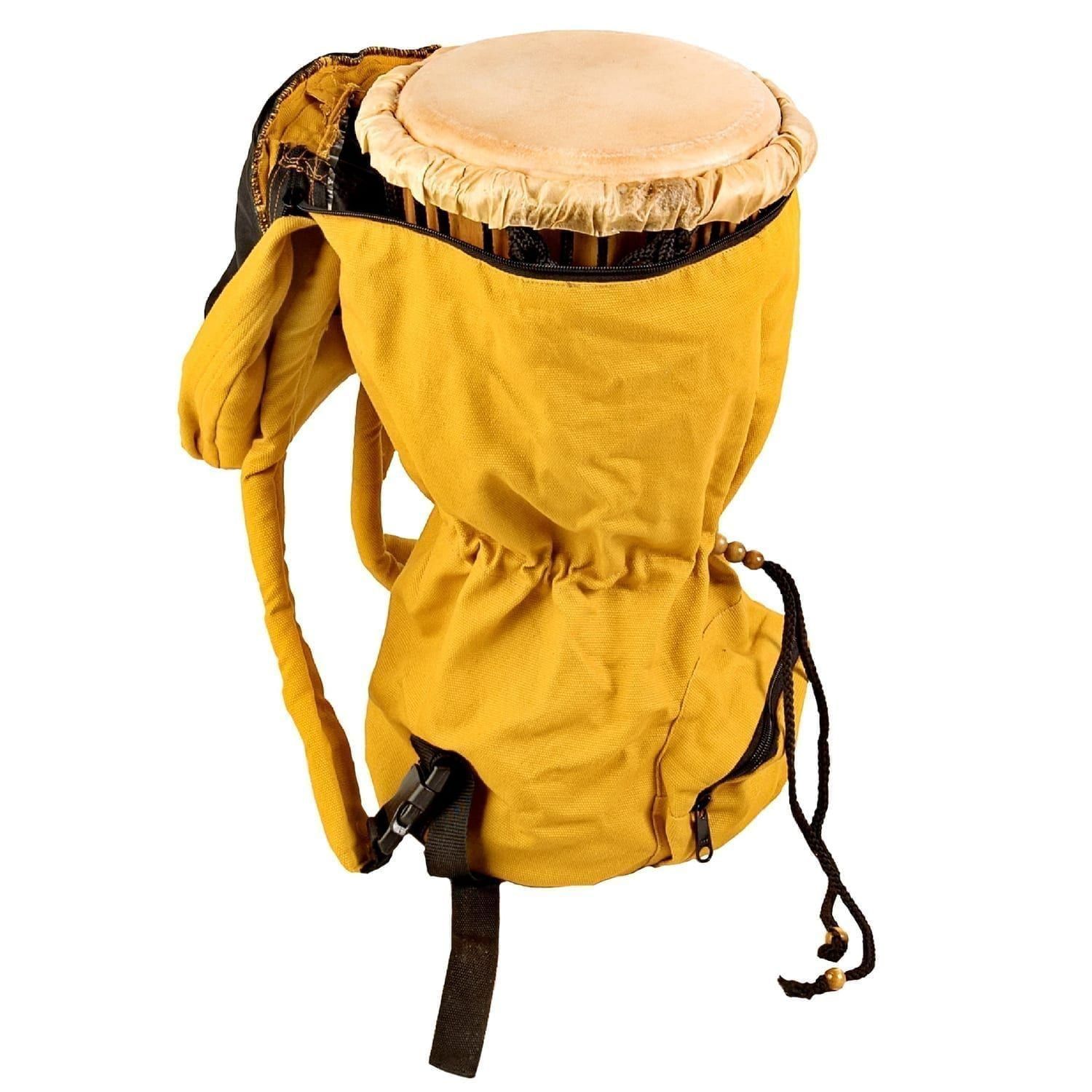 Yellow canvas Djembe drum bag designed for a standard drum with a 9-inch diameter and 40cm height, featuring a drawstring closure, adjustable straps, and durable fabric for portability and protection.