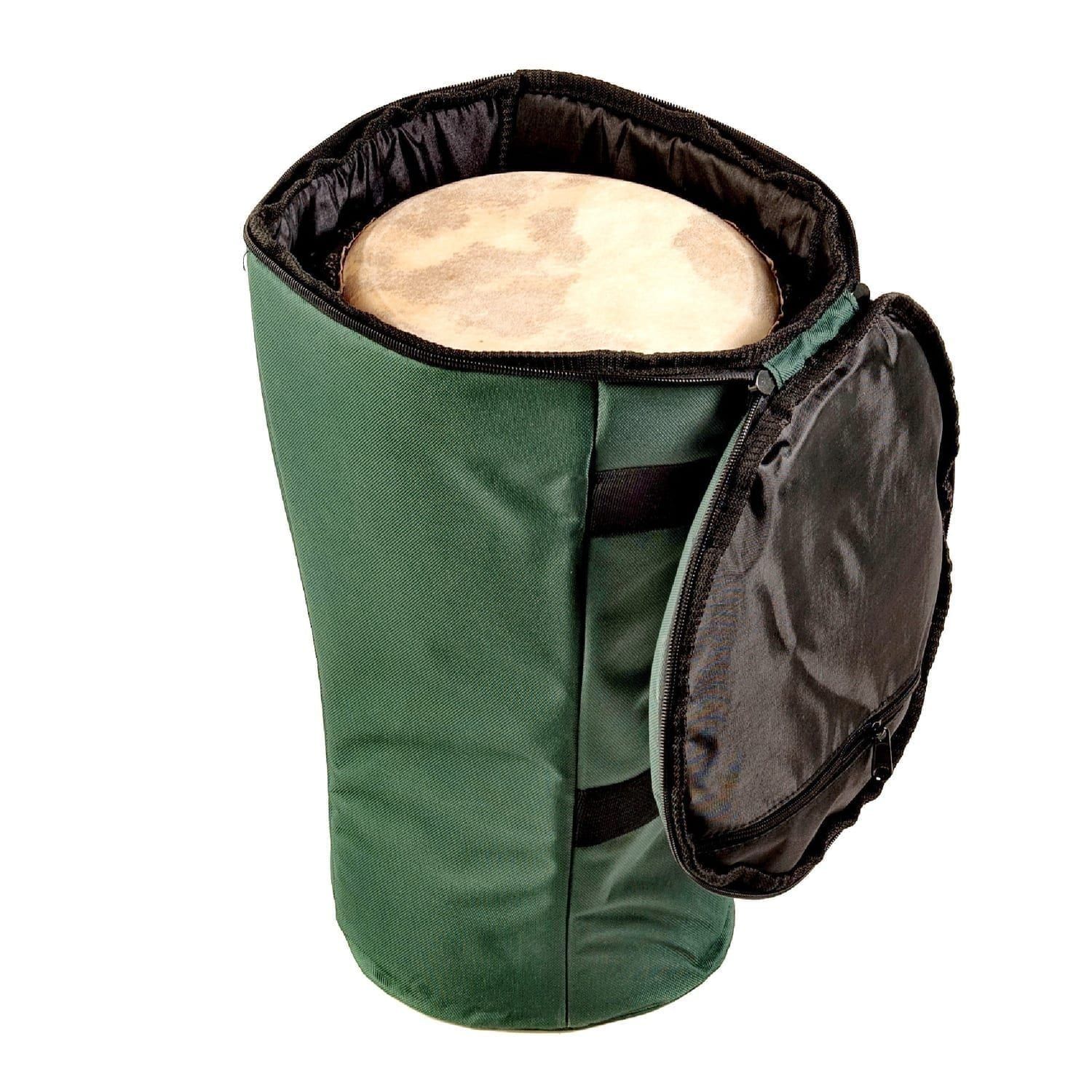 Green storage and carry bag with an open zippered top, revealing a 40cm Djembe drum inside, featuring padded interior and sturdy handles for secure transport and protection.