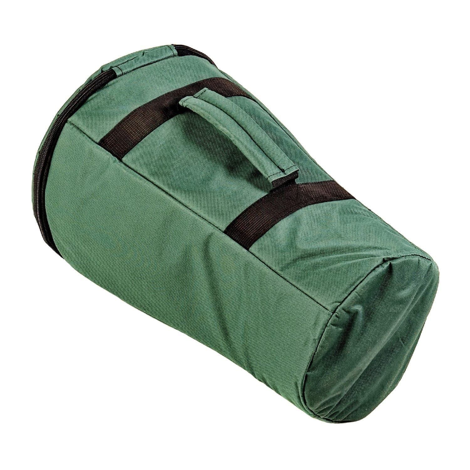 Side view of a green storage and carry bag for a 40cm Djembe drum, featuring a sturdy handle, zippered closure, and reinforced fabric for durability and protection.