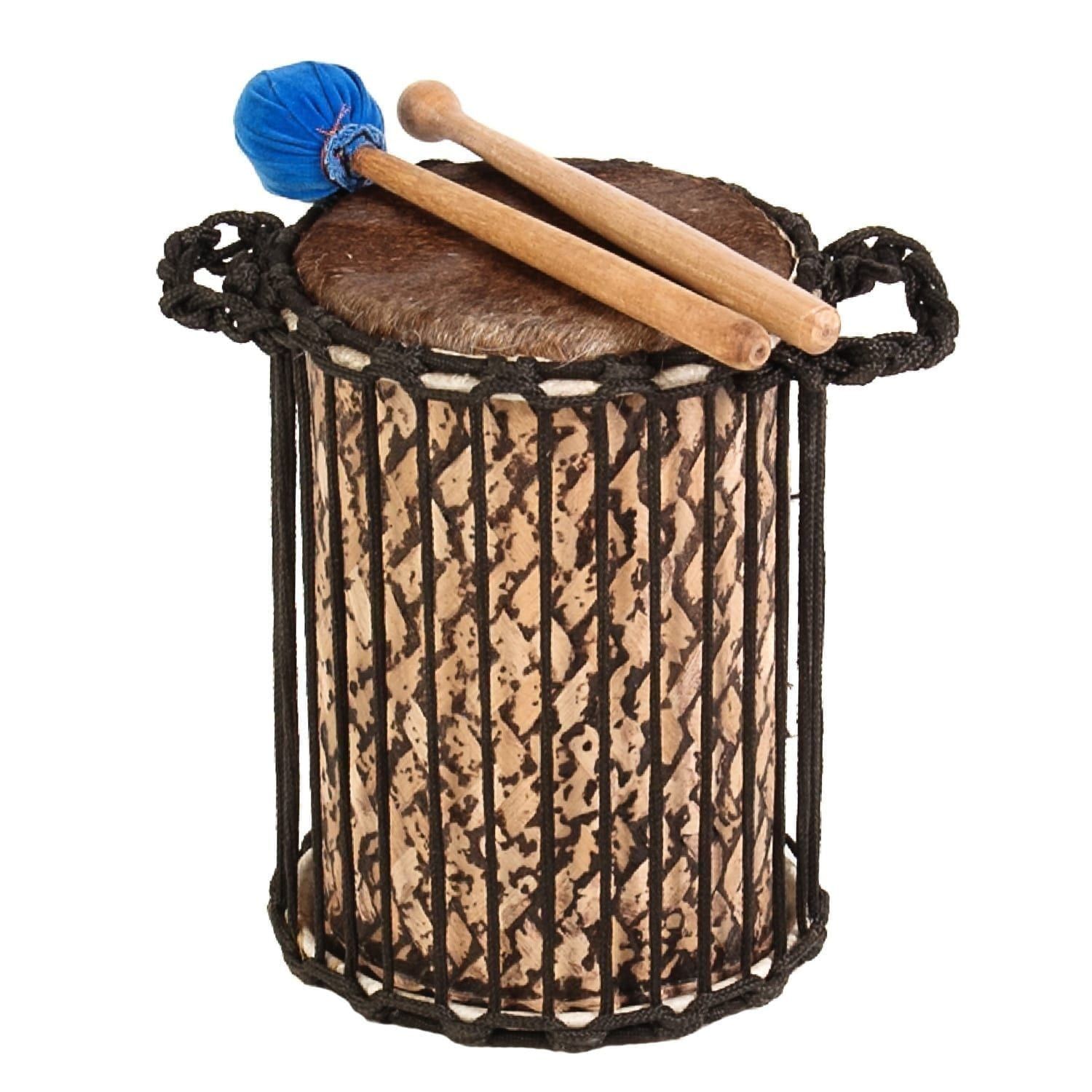9" Teenyweeny Kenkeni Dundun Drum, bamboo shell with goatskin head, blue soft beater and wood stick on top