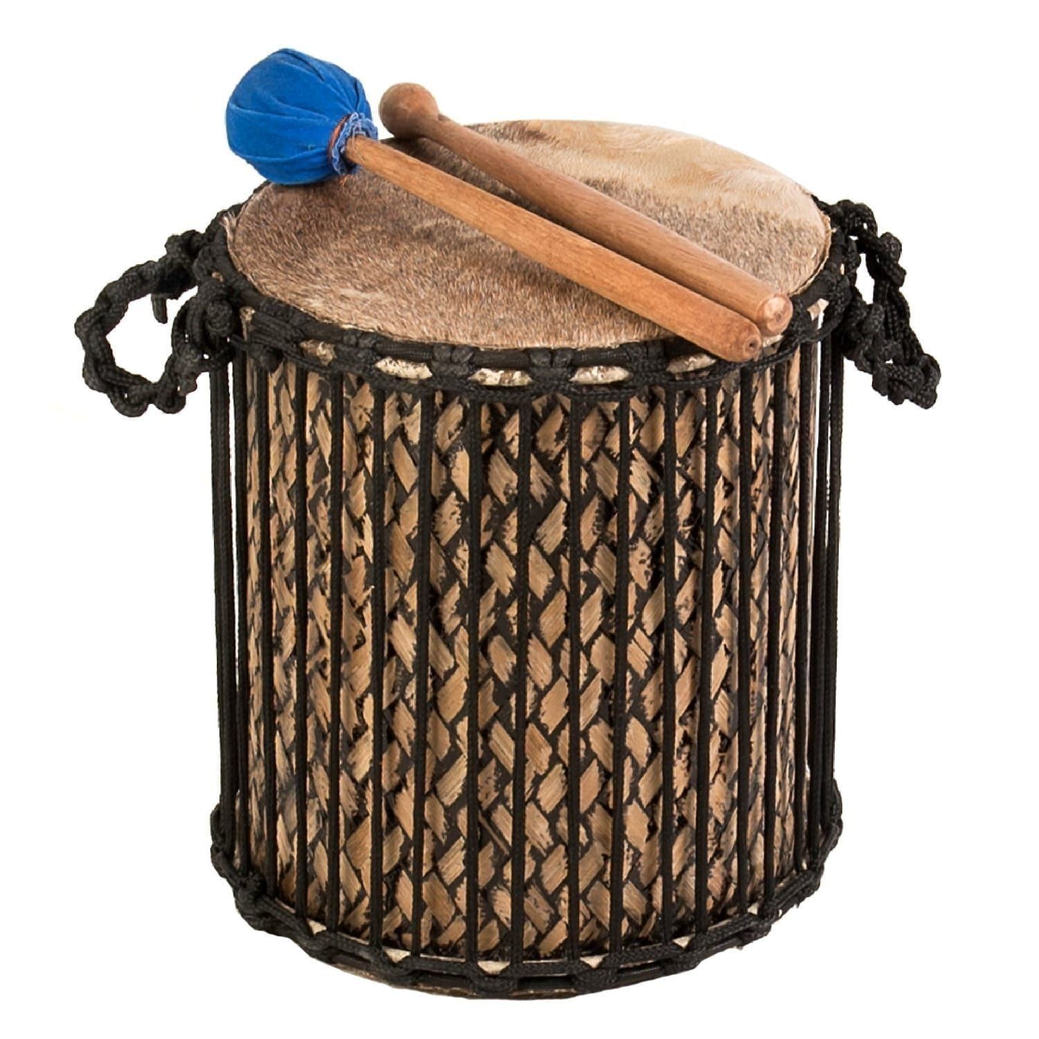 11" Supermini Kenkeni Dundun drum, bamboo shell with goatskin head, black rope lacing, with blue padded beater and stick