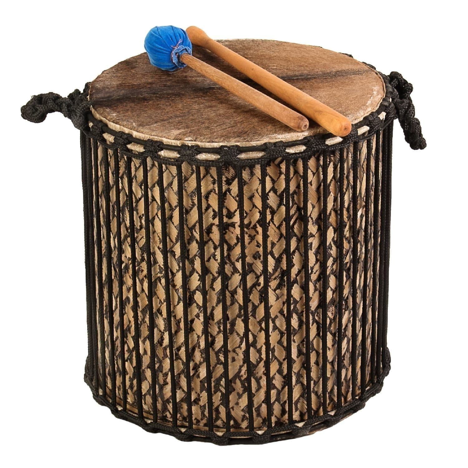 13" Mini Kenkeni Dundun Drum with bamboo shell and natural skin head, shown with wooden stick and blue padded beater on top