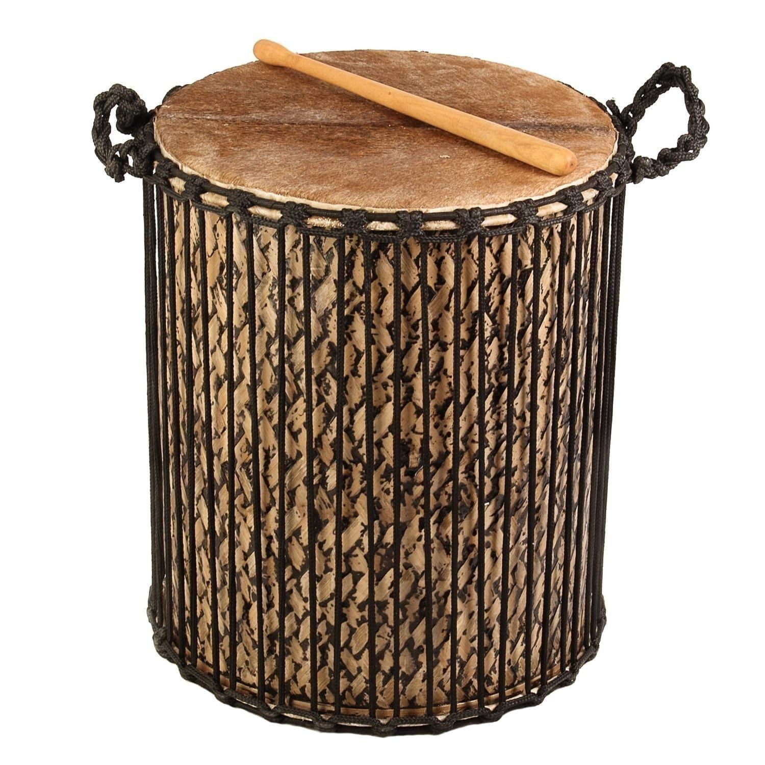 17" Sangban Dundun Drum with bamboo shell, rope-laced sides and natural skin head, beater resting on top