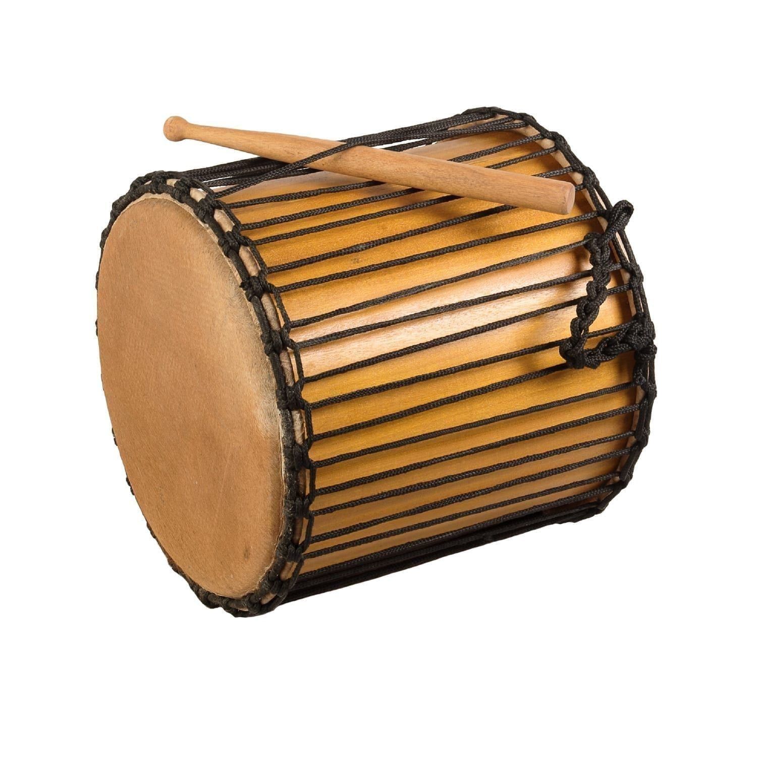 This is a product image of Drums for Schools' Kenkeni Recycled wood, 14in diameter, 40cm high, side angle shot.