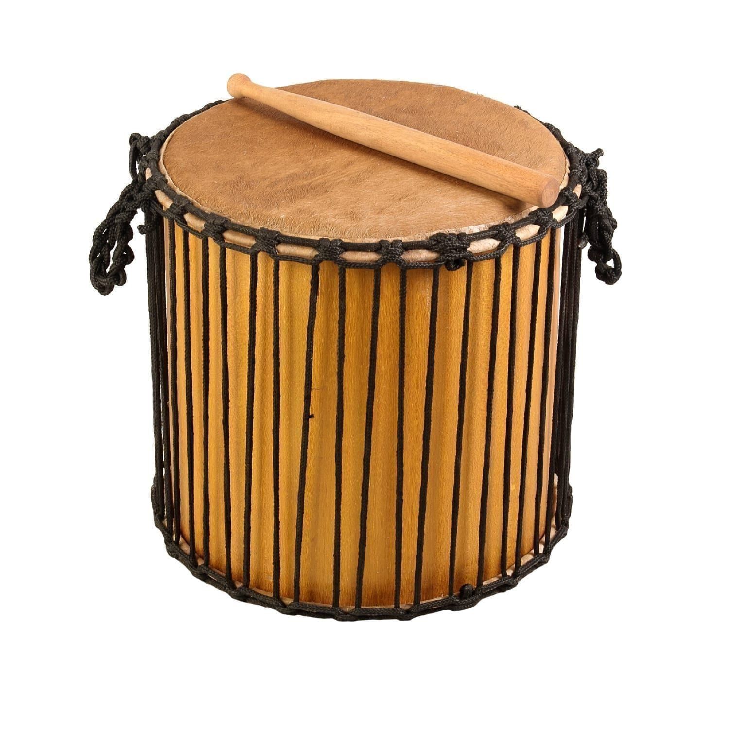 16" Kenkeni Dundun Drum with natural skin head, rope tuning and wooden beater on top, 40cm high shell