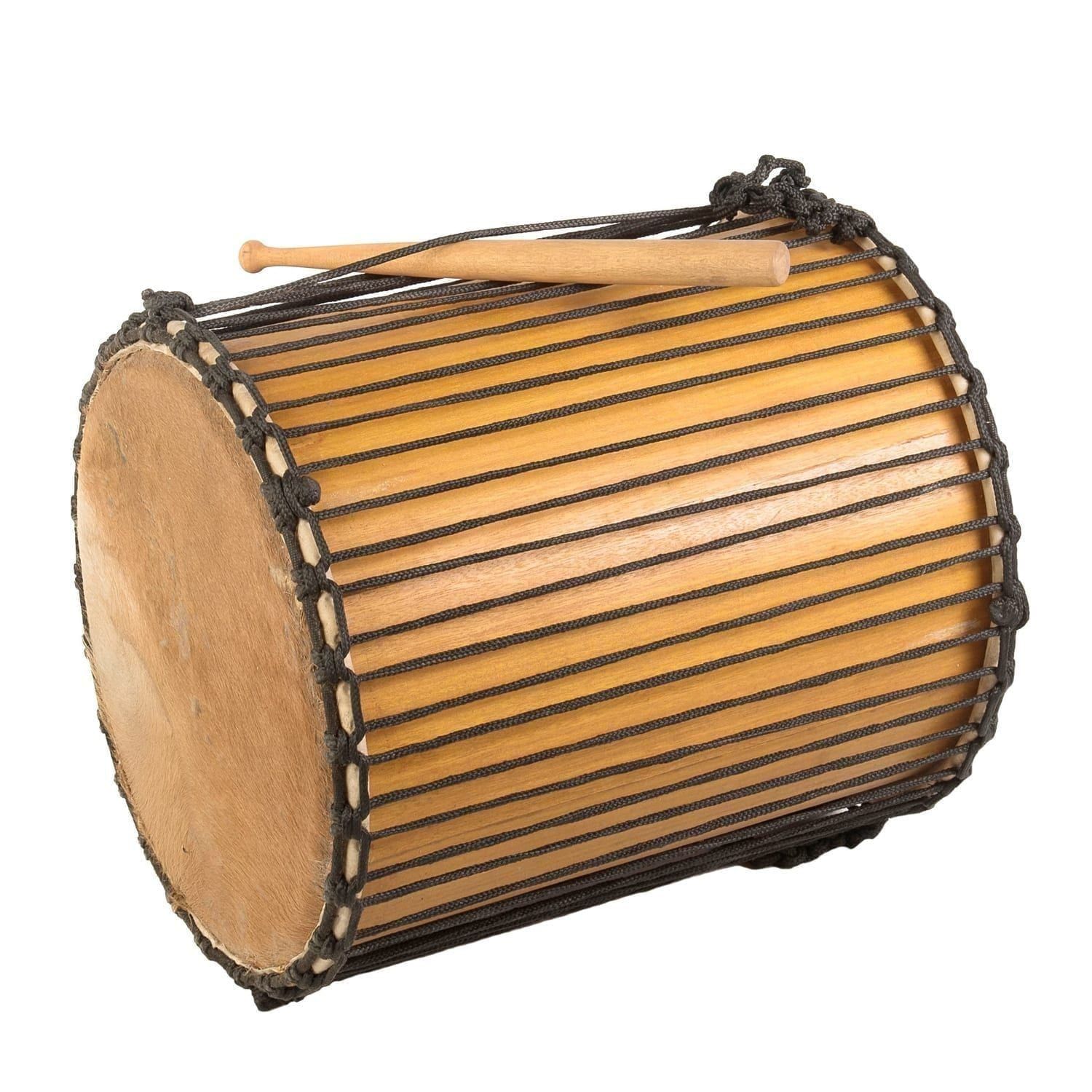 This is a product image of Drums for Schools' Sangban Recycled wood, 16in diameter, 50cm high, side angle shot.