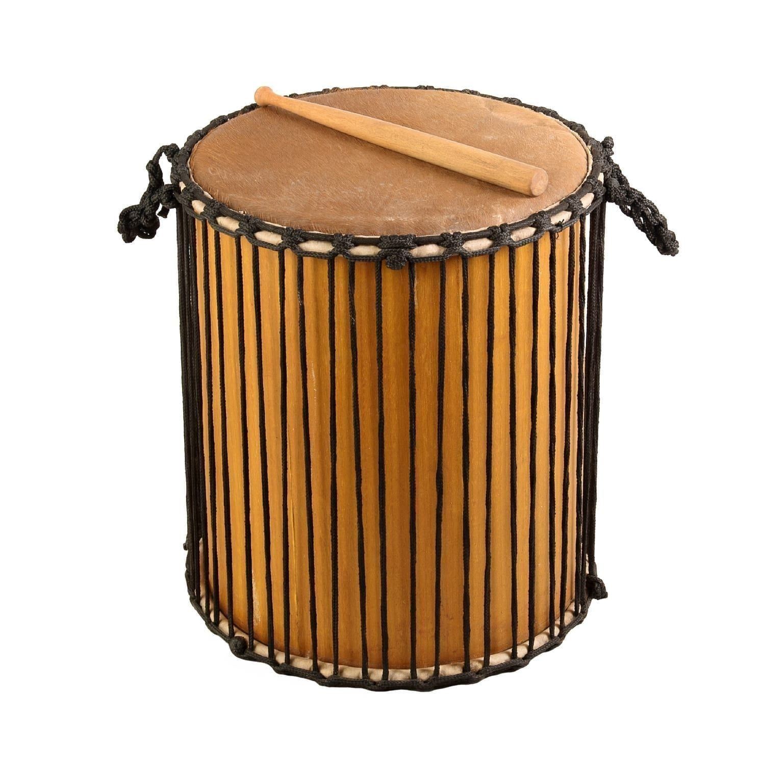 18" Sangban Dundun Drum with wood shell, rope-laced sides and natural skin head, 50cm high, supplied with beater on top