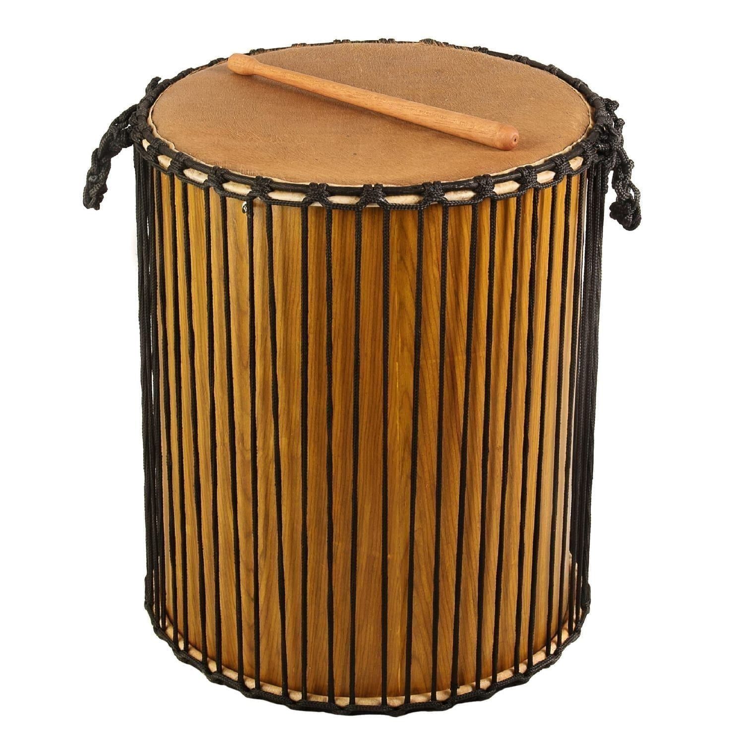20" Dundun Drum, 60cm high, natural skin head with rope tuning, wooden beater resting on top