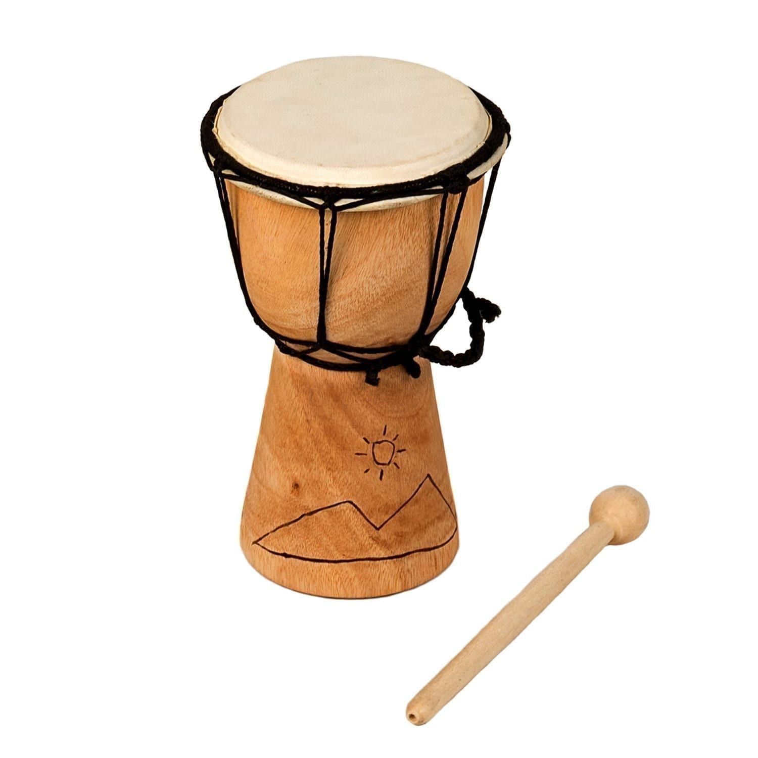This is a product image of Drums for Schools' Djembe budget 4 inch diameter, 20cm high, Early Years carved.