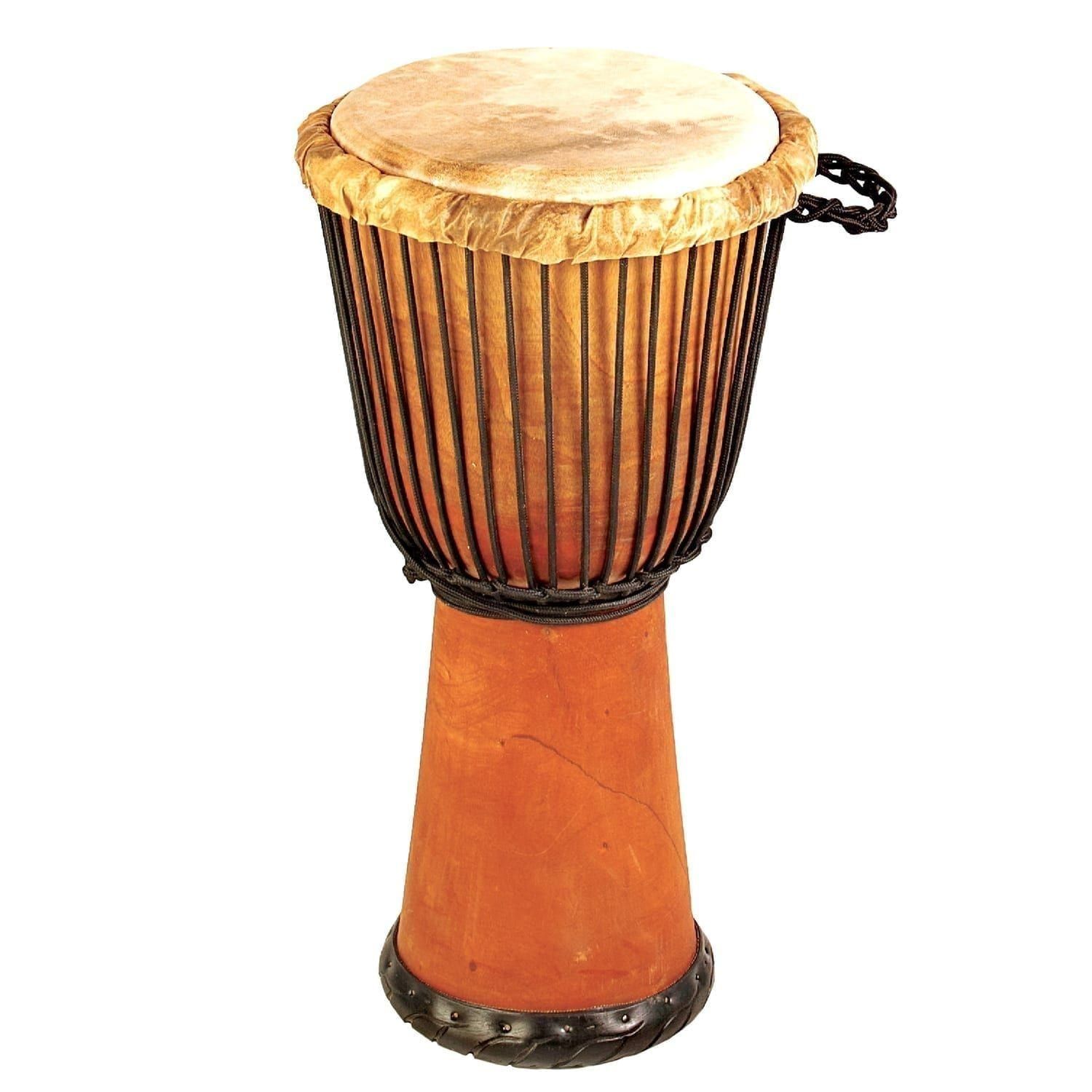 West African handcrafted Djembe drum with a 10.5-inch diameter and 60cm height, featuring a natural wooden design and rope tuning for authentic drumming.