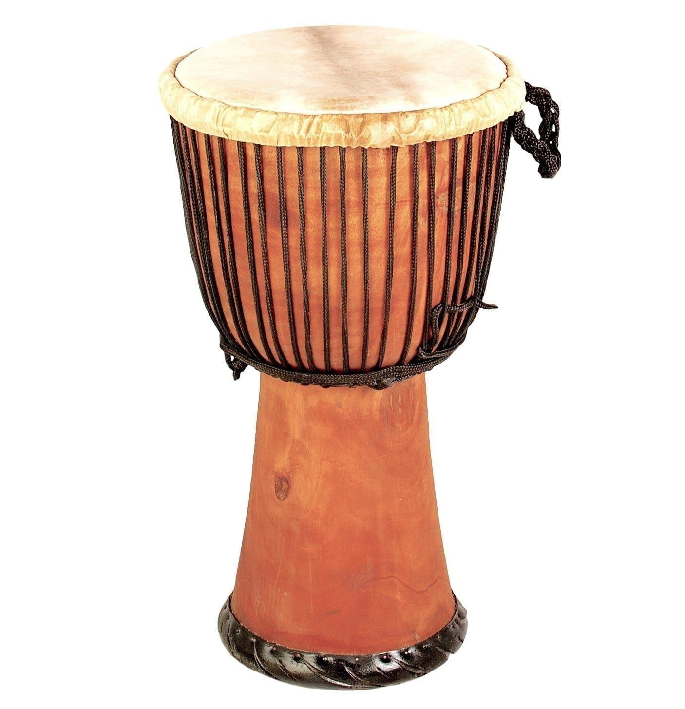Standard Djembe drum handcrafted from natural wood with a 12-inch diameter and 65cm height, showcasing traditional West African design and rope tuning.