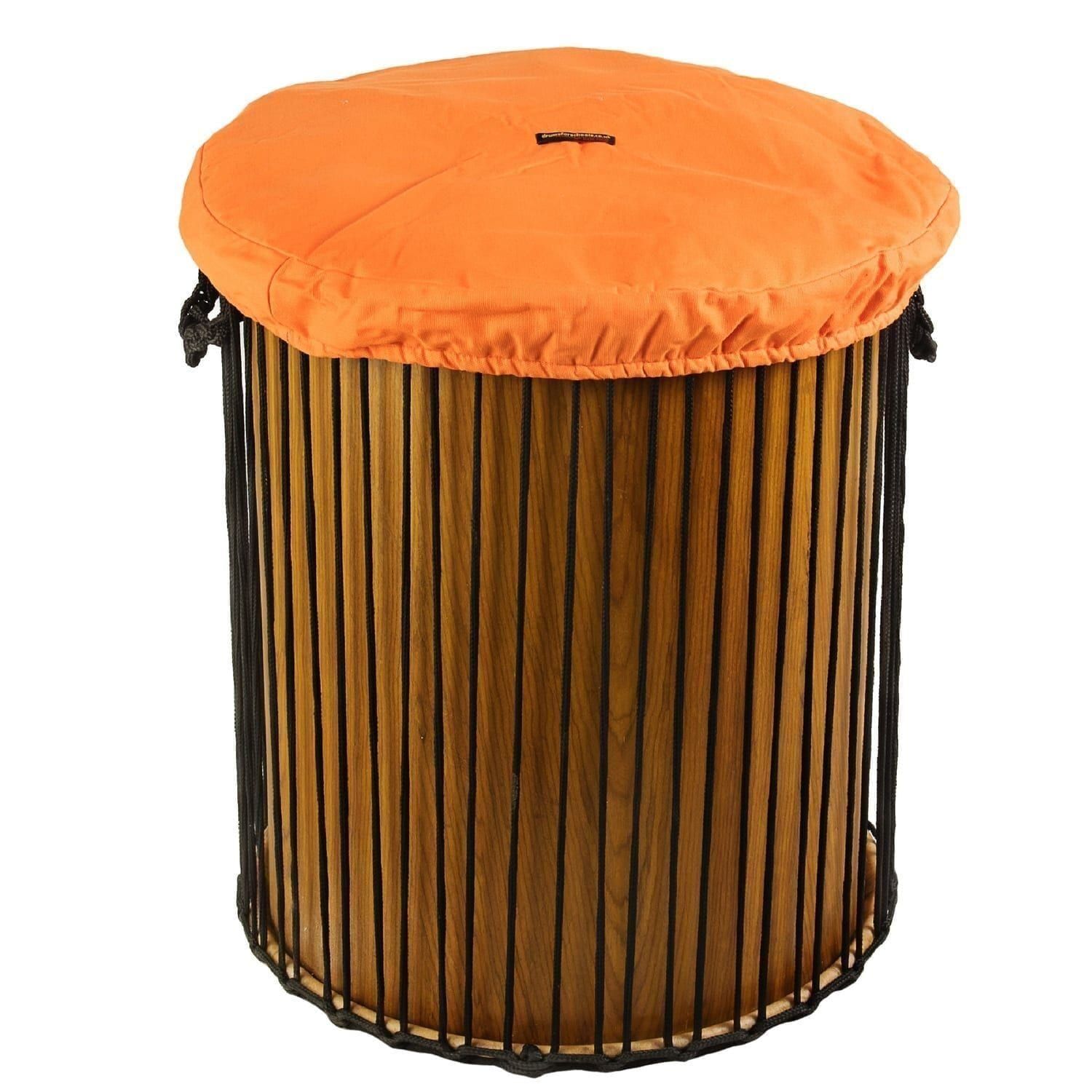 This is a product image of Drums for Schools' drum hat for 22 inch diameter drum. It is in orange waterproof canvas material.