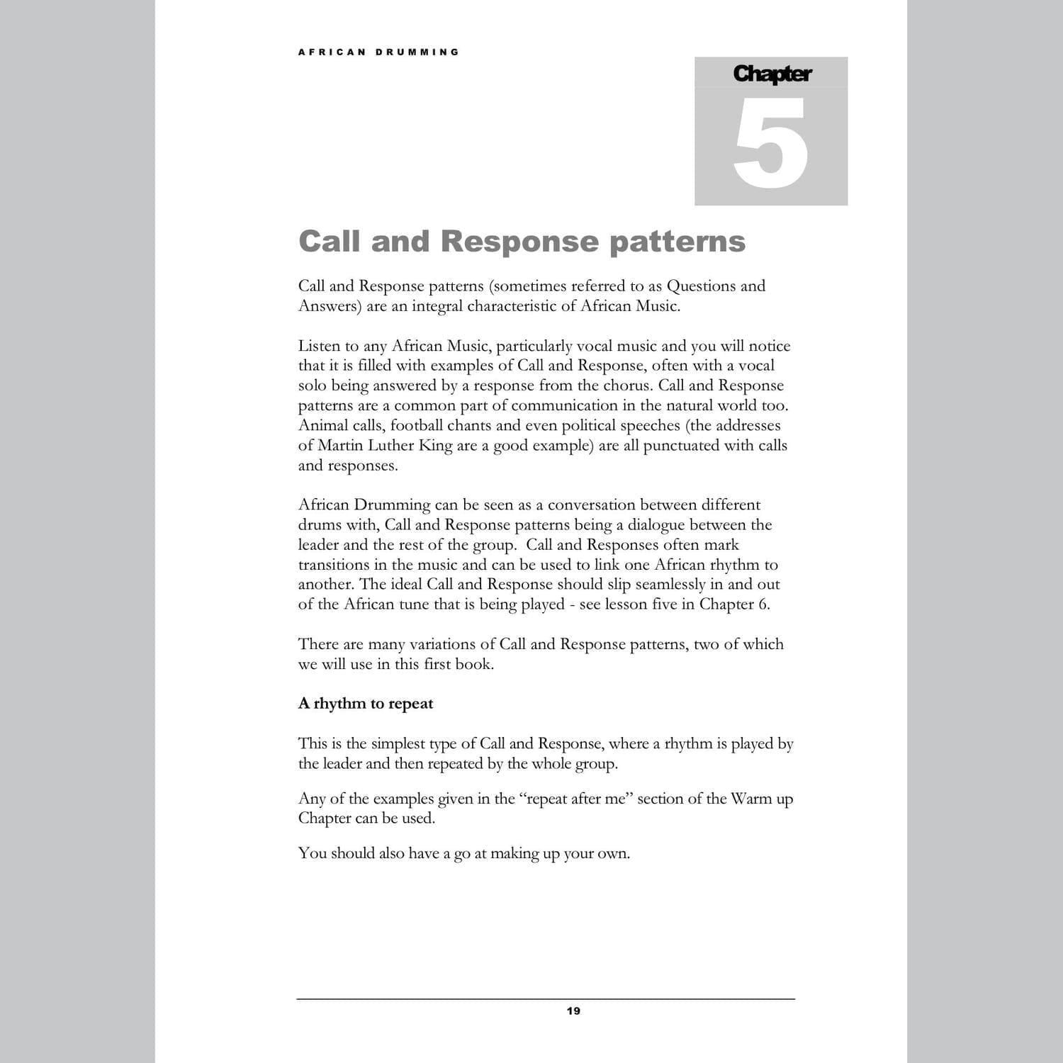 Image showing Call and Response page from Andy Gleadhill's African Drumming Teaching Guide.