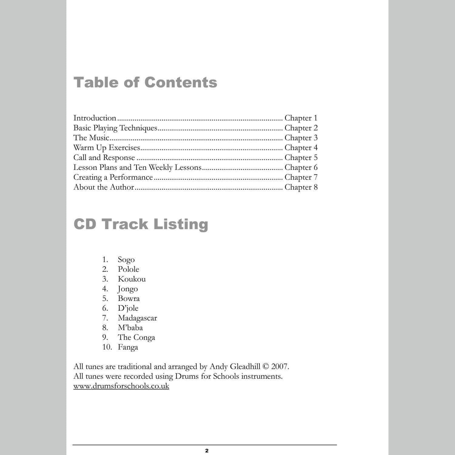 Image showing Contents page from Andy Gleadhill's African Drumming Teaching Guide.