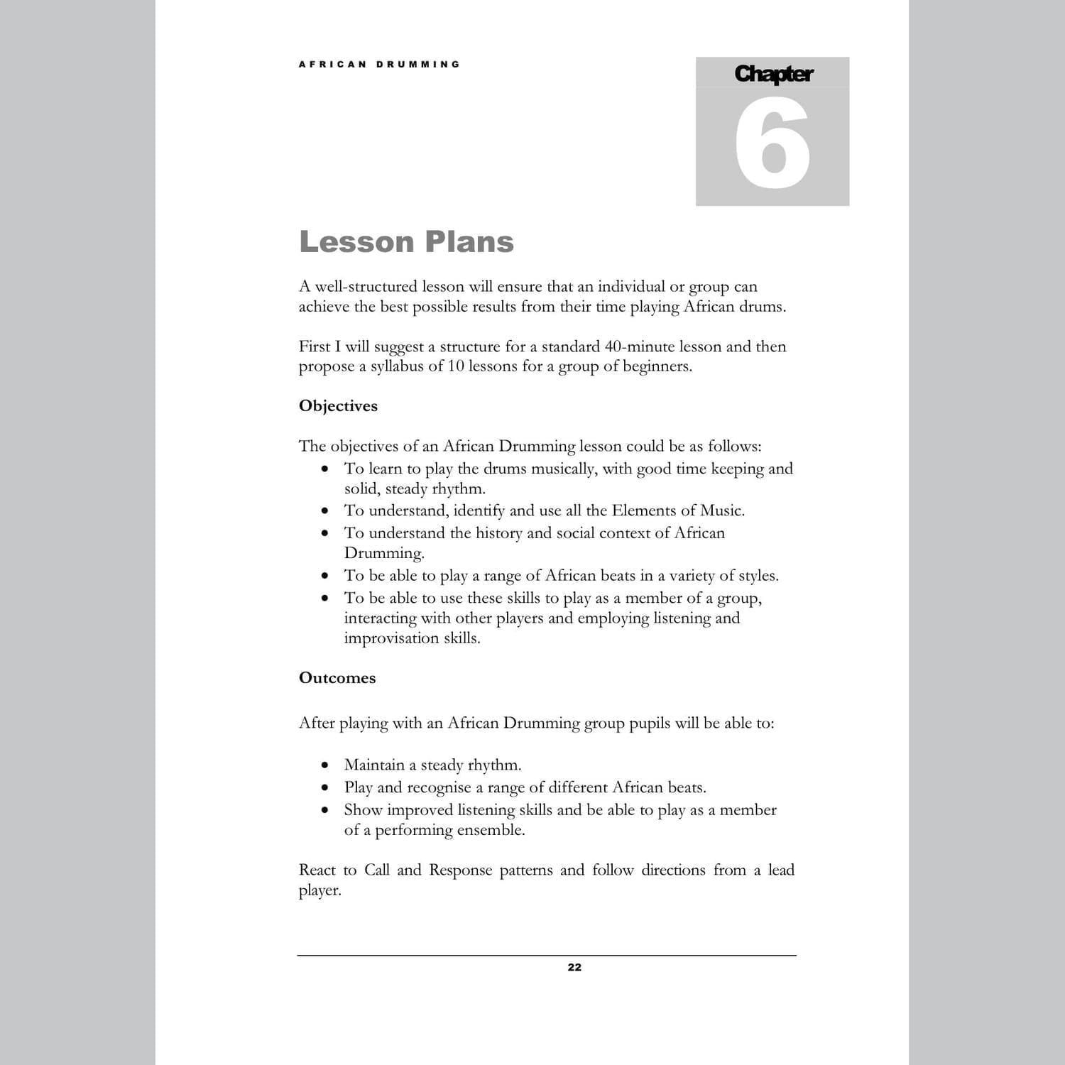 Image showing Lesson Plans page from Andy Gleadhill's African Drumming Teaching Guide.