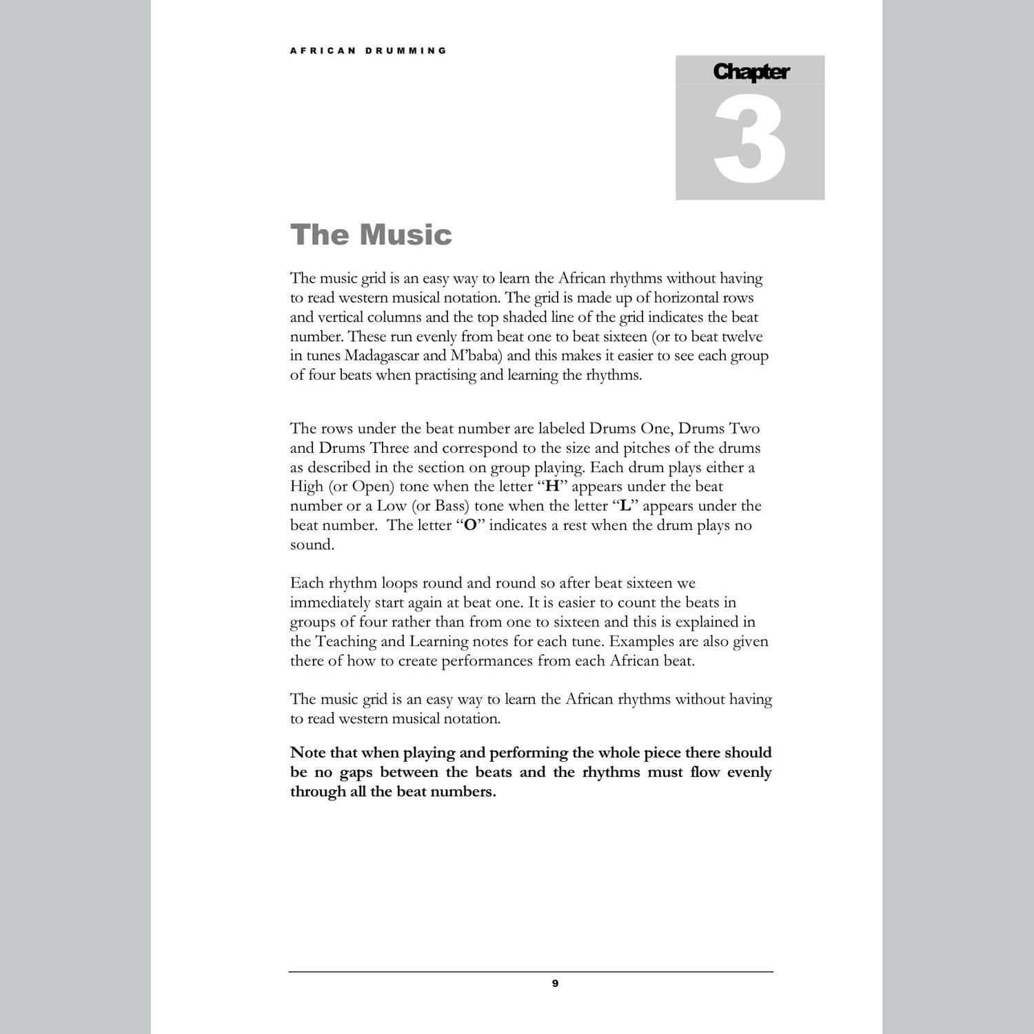 Image showing The Music page from Andy Gleadhill's African Drumming Teaching Guide.