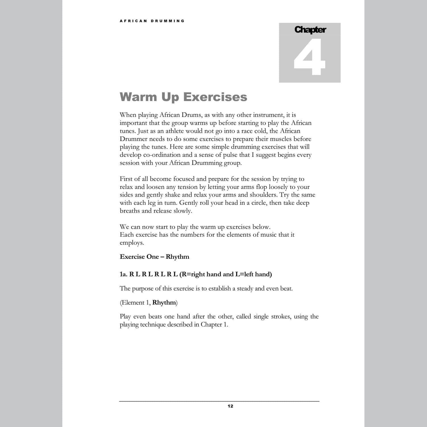 Image showing Warm Ups page from Andy Gleadhill's African Drumming Teaching Guide.