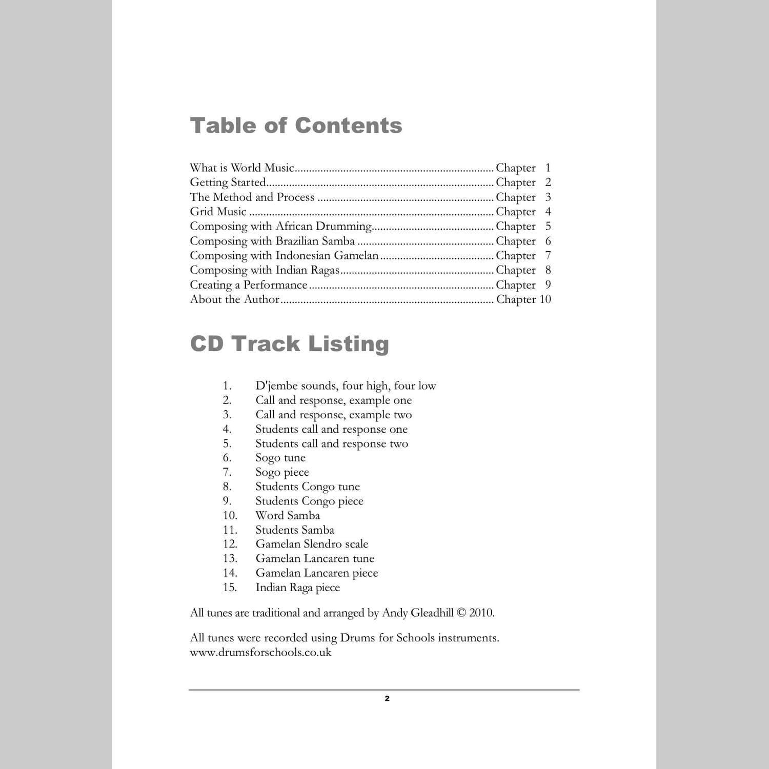 Image showing contents page from Andy Gleadhill's Composing World Music Teaching Guide
