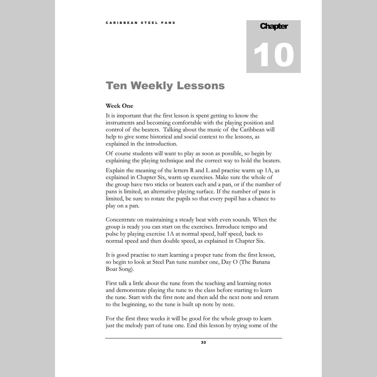 Image showing the first page of Ten Weekly Lessons from Andy Gleadhill's Caribbean Steel Pans teaching guide