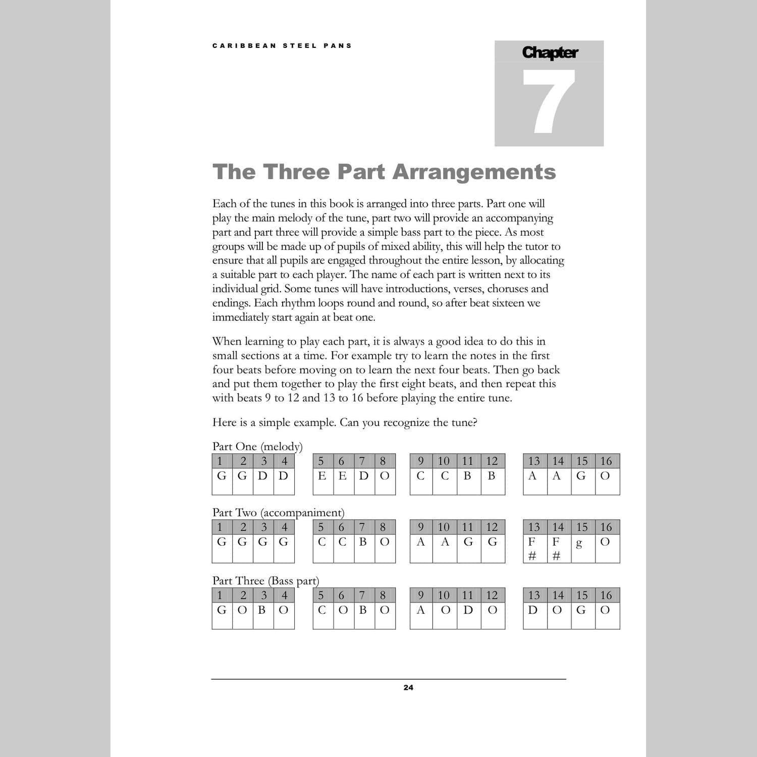 Image showing a page of Three Part Arrangements from Andy Gleadhill's Caribbean Steel Pans teaching guide