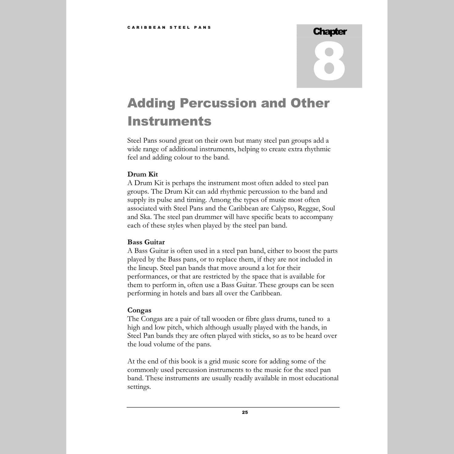 Image showing a page about adding percussion from Andy Gleadhill's Caribbean Steel Pans teaching guide