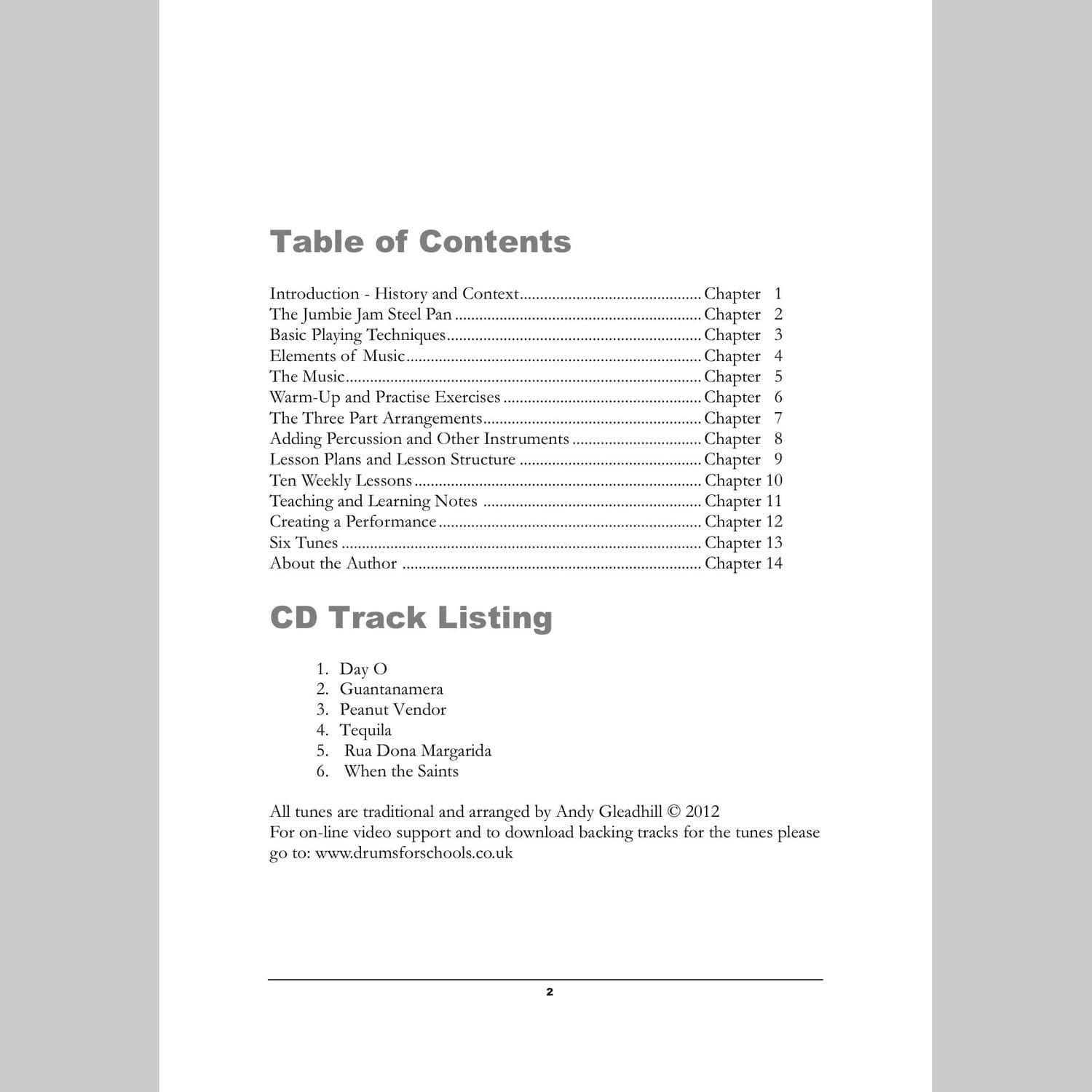 Image showing the Contents page from Andy Gleadhill's Caribbean Steel Pans teaching guide