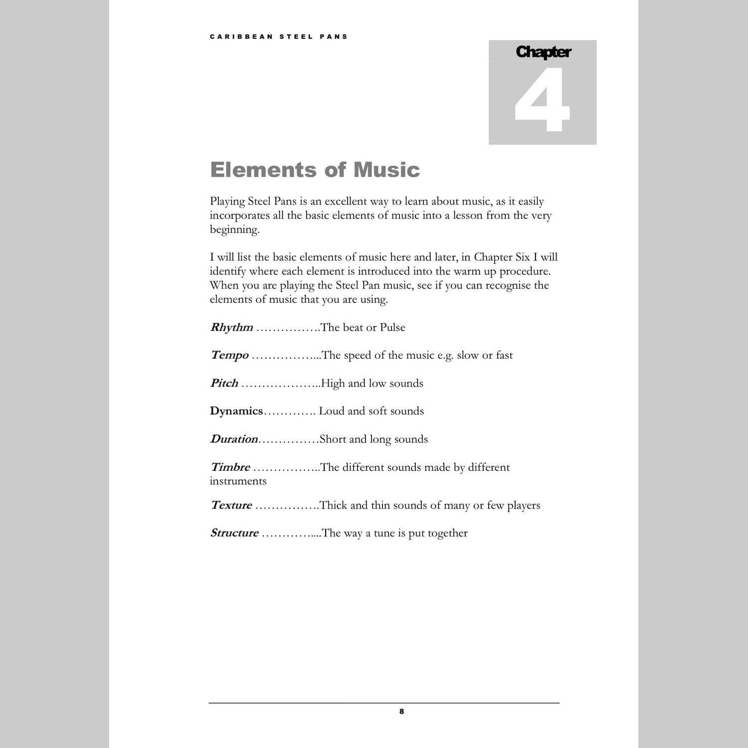 Image showing a page about the Elements of Music from Andy Gleadhill's Caribbean Steel Pans teaching guide