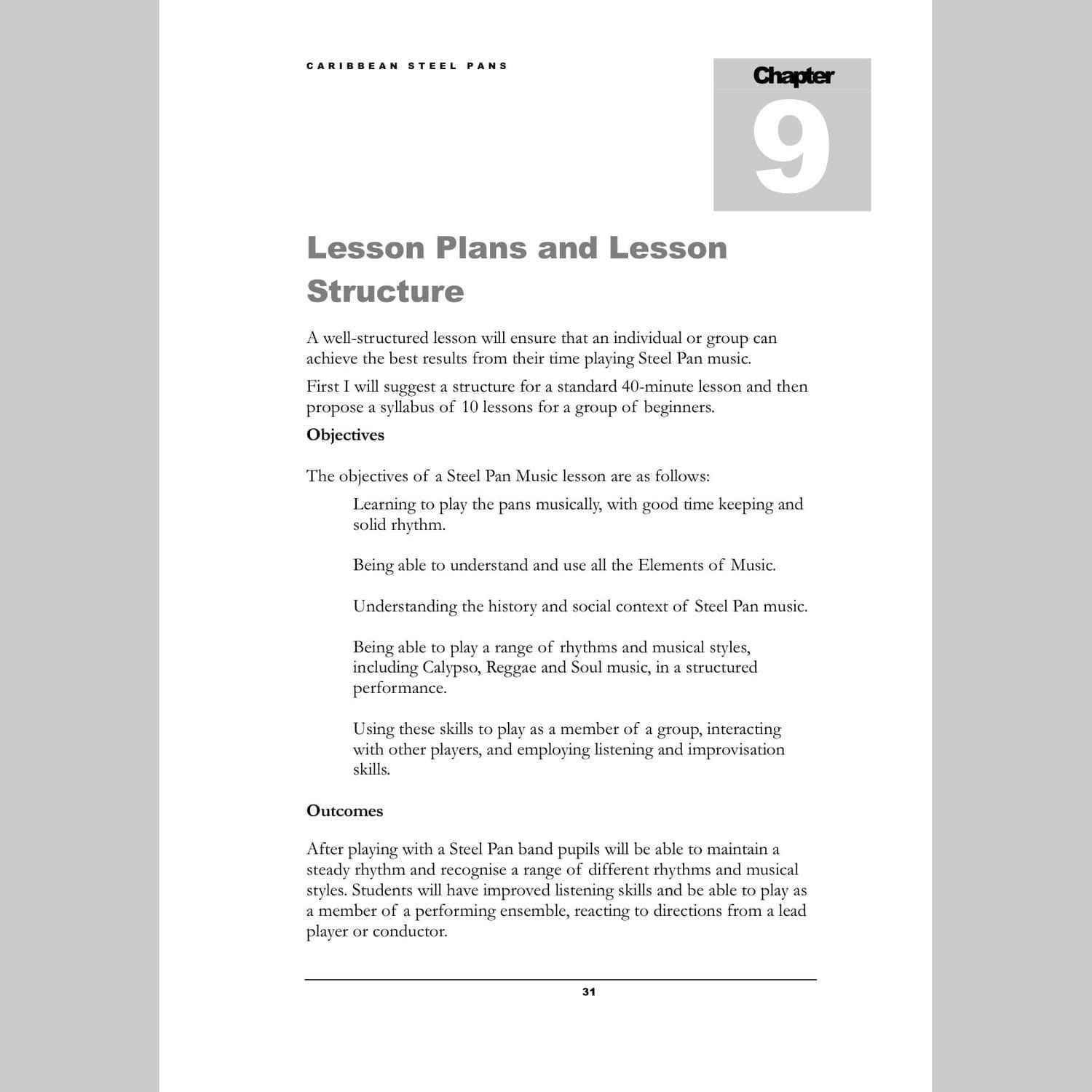 Image showing a page about Lesson Plans from Andy Gleadhill's Caribbean Steel Pans teaching guide