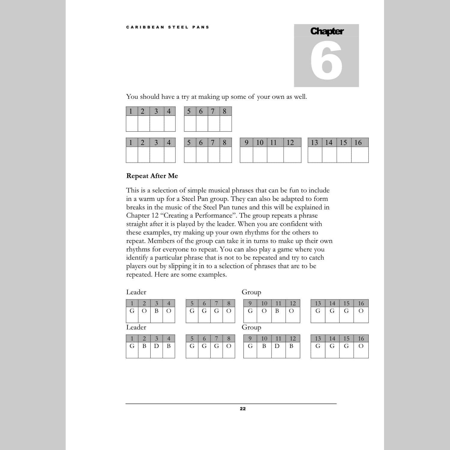 Image showing a page of Repeat After Me exercises from Andy Gleadhill's Caribbean Steel Pans teaching guide
