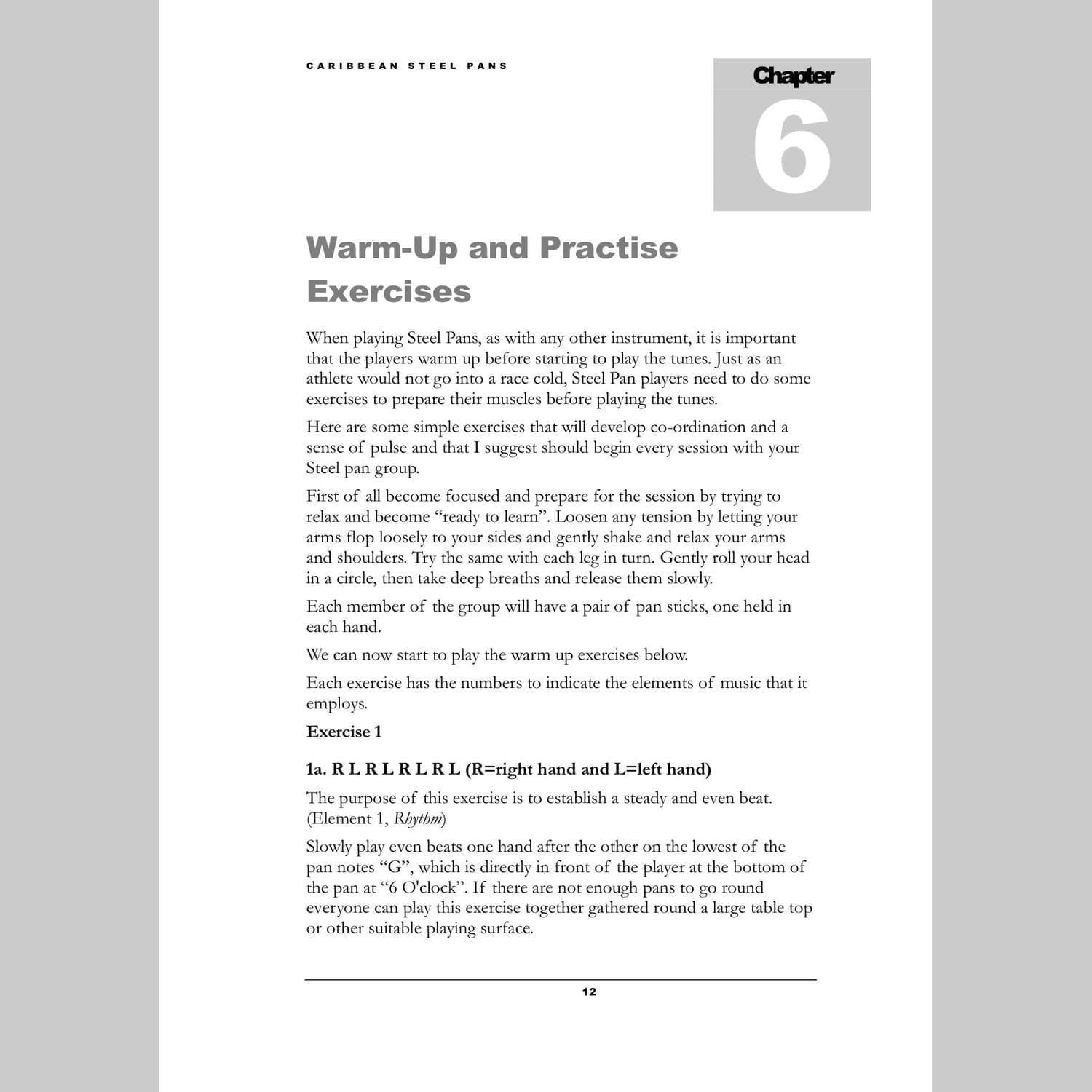 Image showing a page of Warm-up exercises from Andy Gleadhill's Caribbean Steel Pans teaching guide
