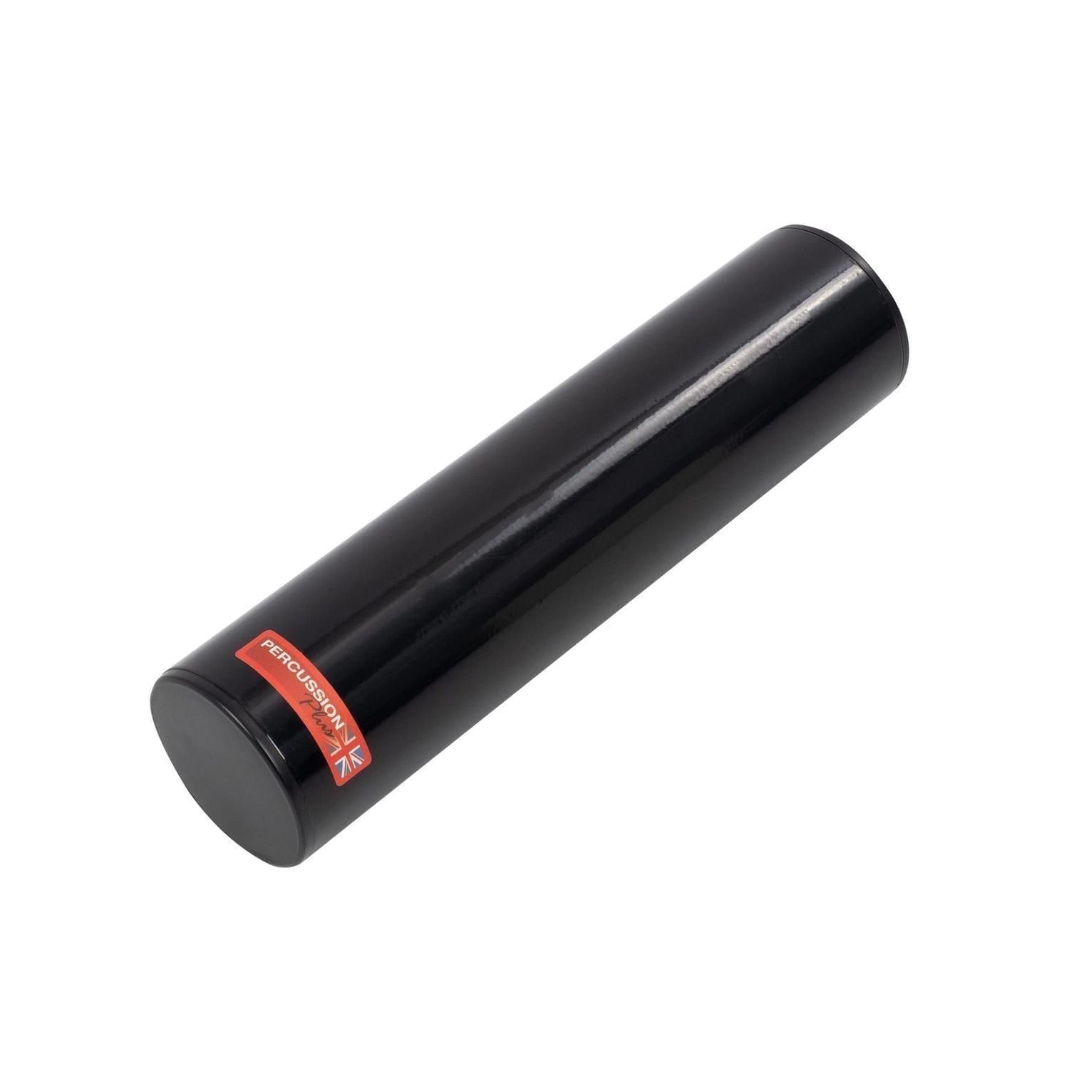 Cylindrical Ganza Shaker in black metal body with Percussion Plus badge near the end
