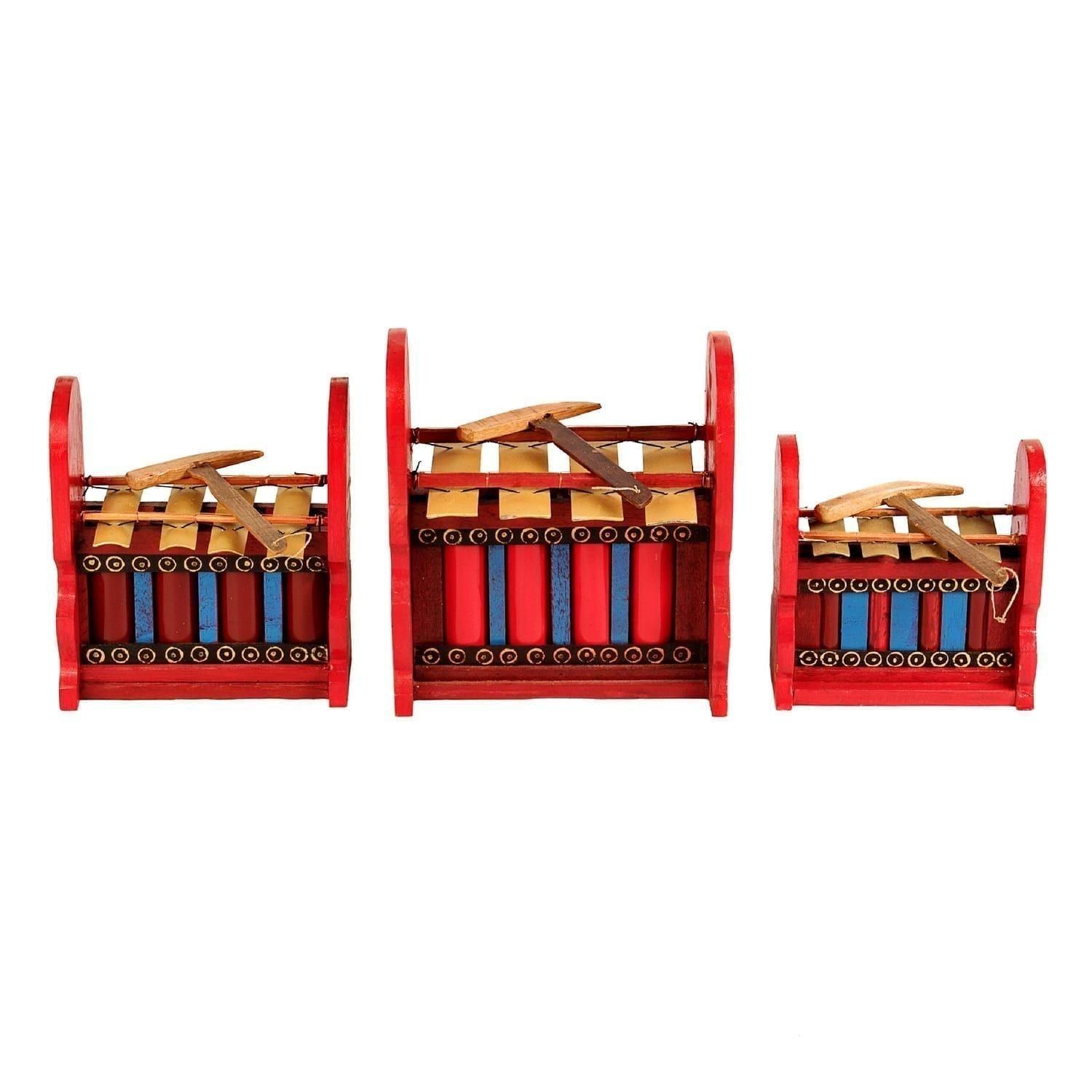 This is a product image of Drums for Schools Set of Gamelan Budget 4 key - Small, Medium, Large. The three sizes gamelan are placed in a row.